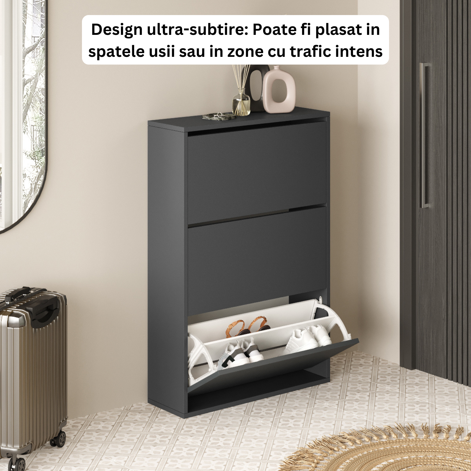 Pantofar Slim pentru Incaltaminte, Bezubi Bilbao, 3 Sertare, capacitate pana la 18 perechi, 110 X 73 X 24 cm, Sistem anti-inclinare, Design Subtire, Economie de Spatiu, pentru Hol, Dormitor sau Living, gri