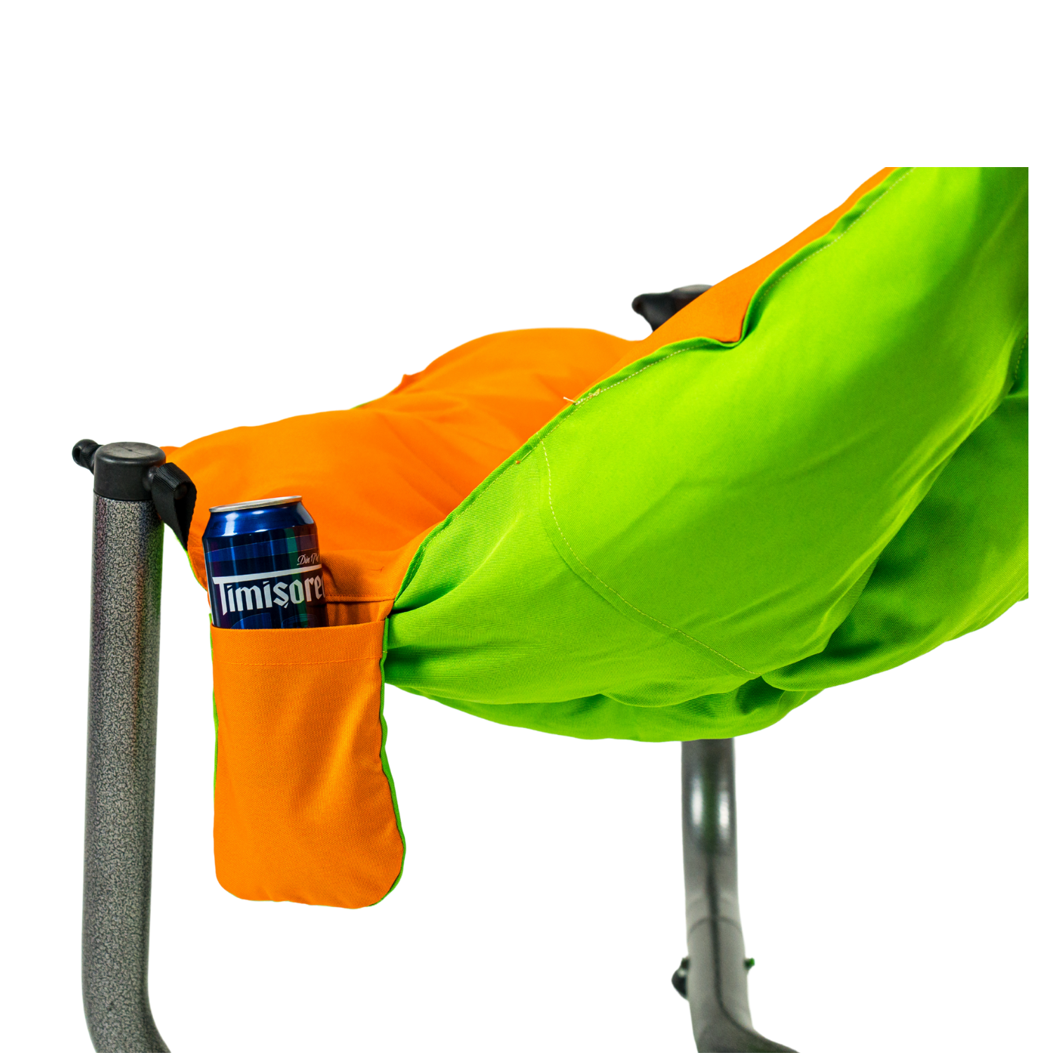 Scaun de plaja, gradina, pescuit si camping, Bezubi Campster, sezlong design ergonomic si demontabil, perna matlasata confortabila cu doua fete, buzunar lateral, material rezistent la umezeala, lavabil, verde-portocaliu