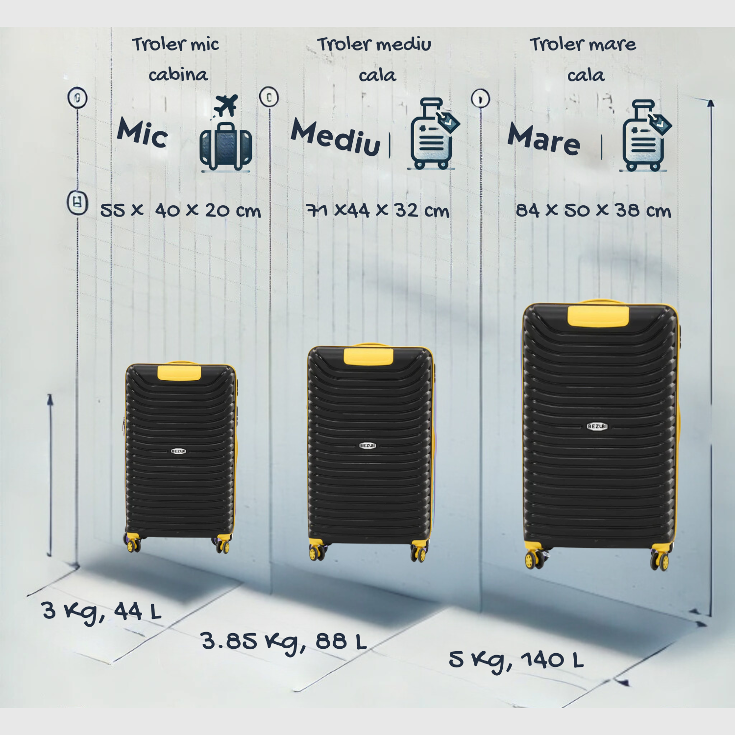 Set complet 3 trolere pentru vacanta, Galben negru