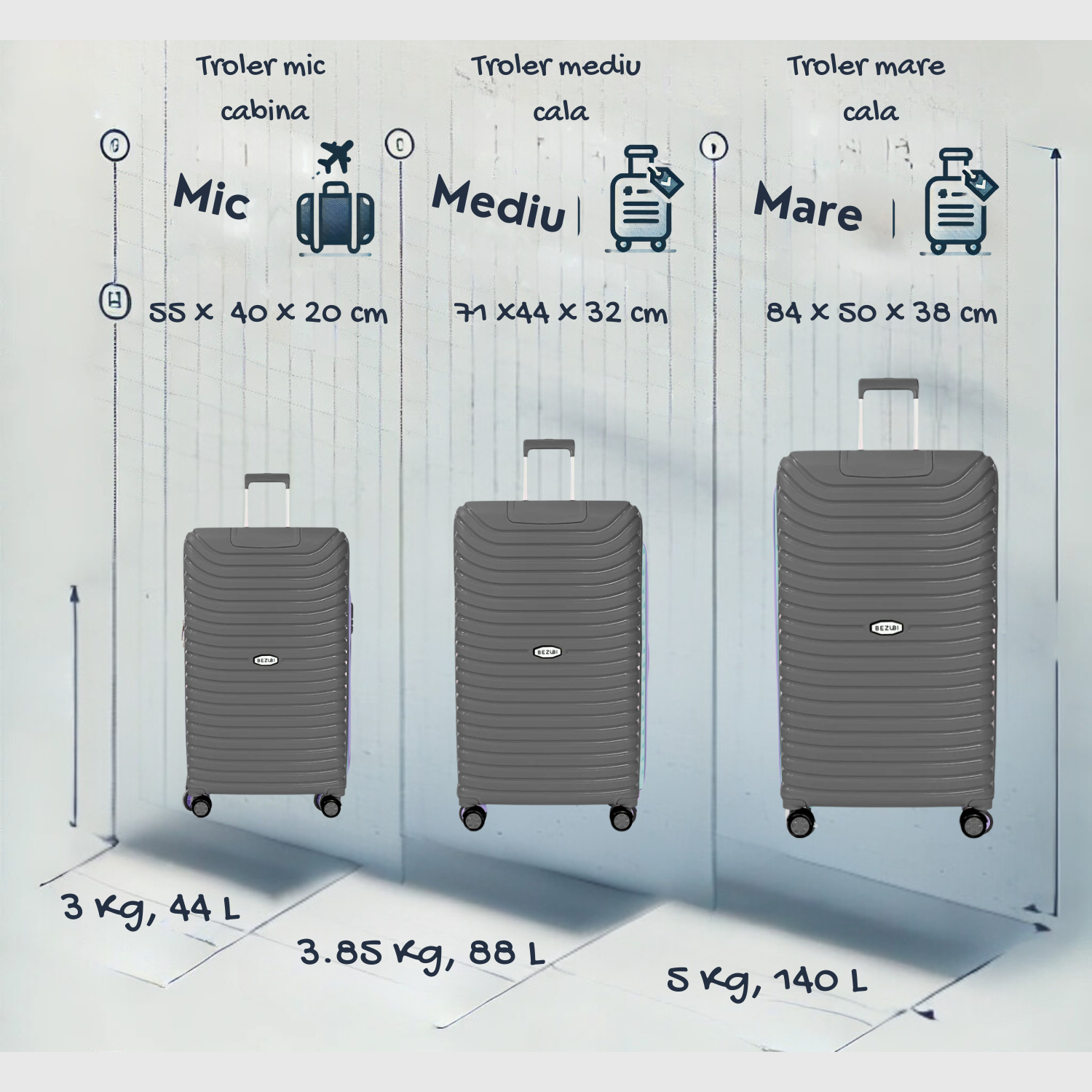 Set complet 3 trolere pentru vacanta, Gri