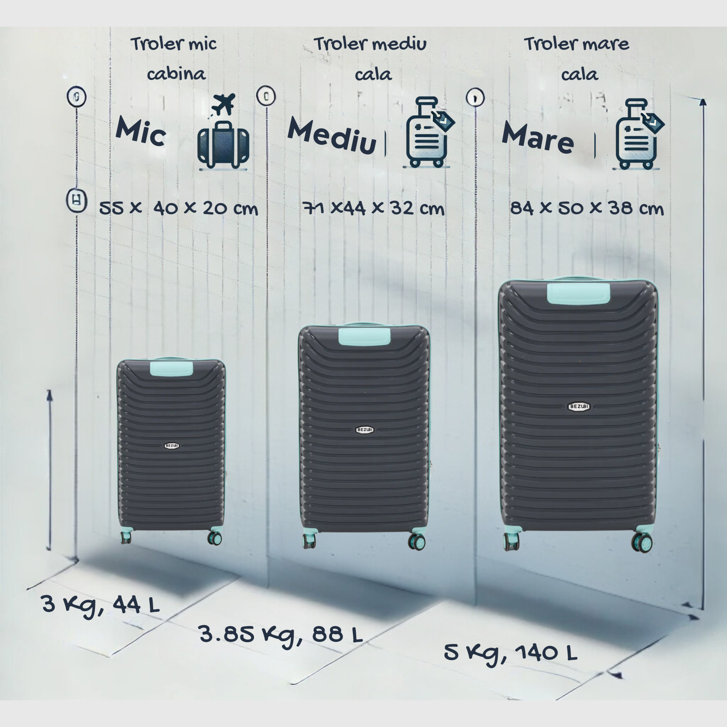 Set complet 3 trolere pentru vacanta, Gri turcoaz