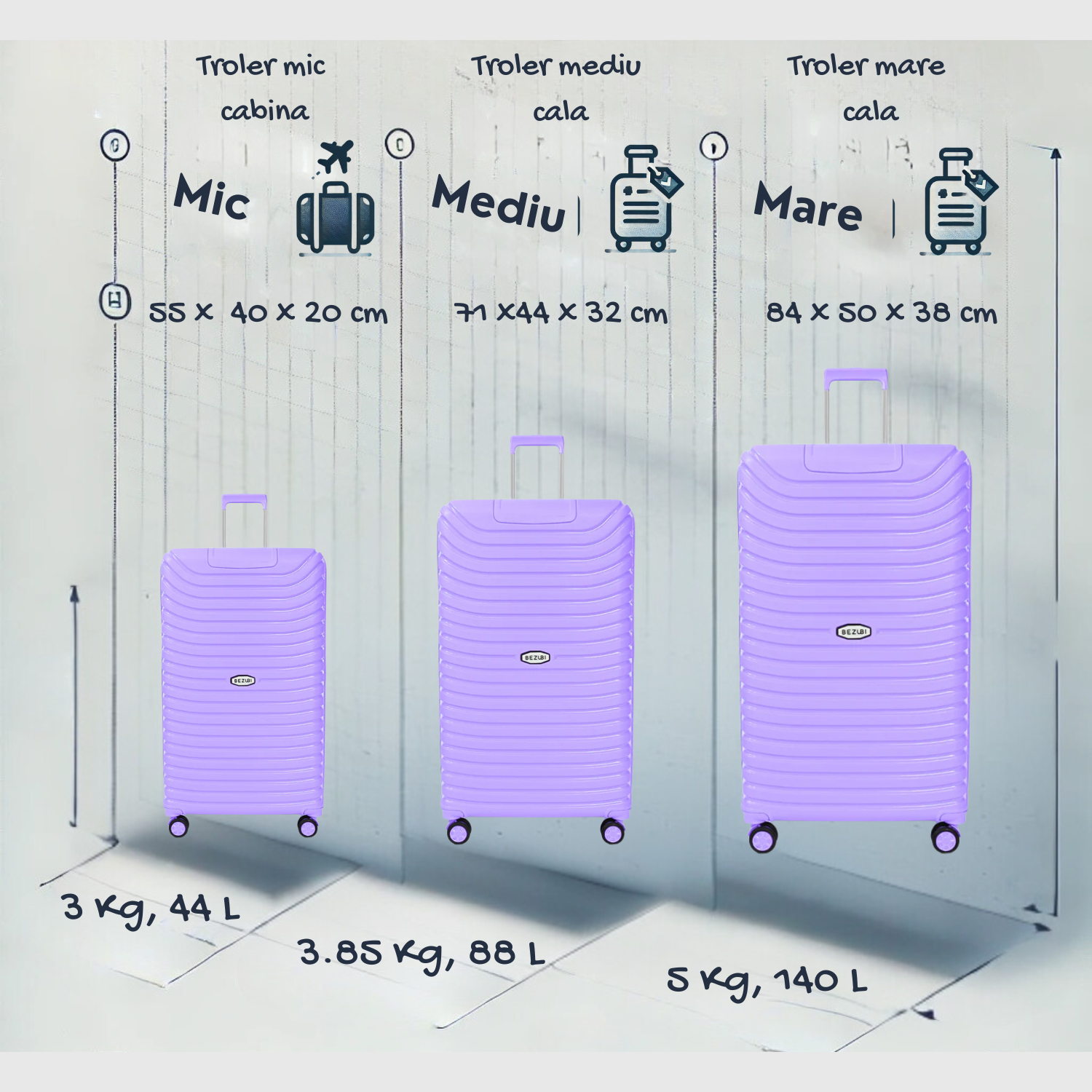 Set complet 3 trolere pentru vacanta, Mov