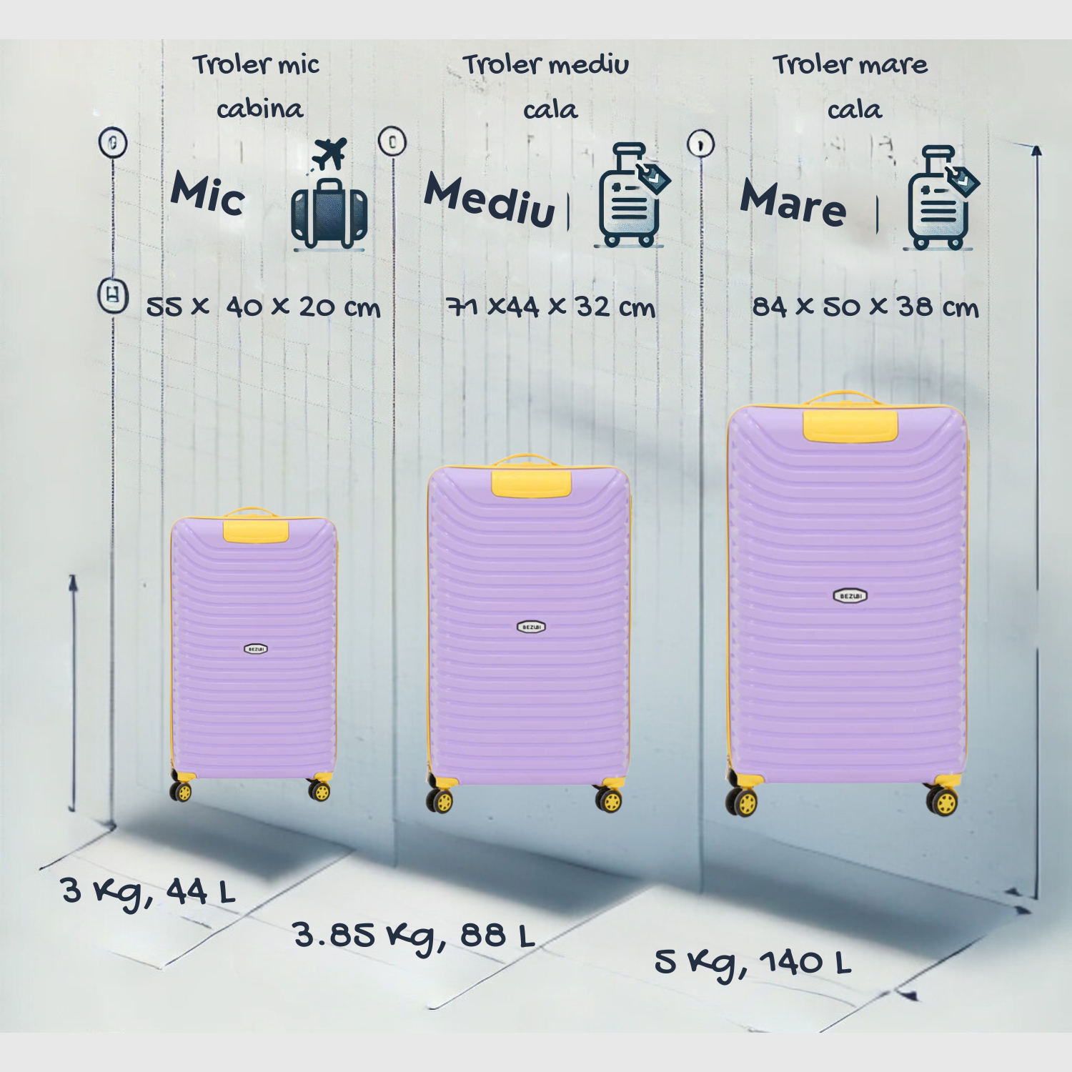 Set complet 3 trolere pentru vacanta, Mov galben