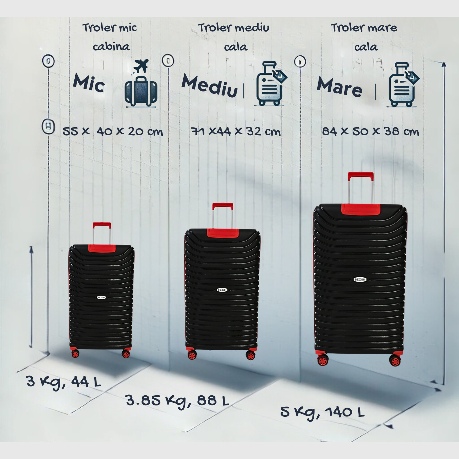 Set complet 3 trolere pentru vacanta, Negru-Rosu