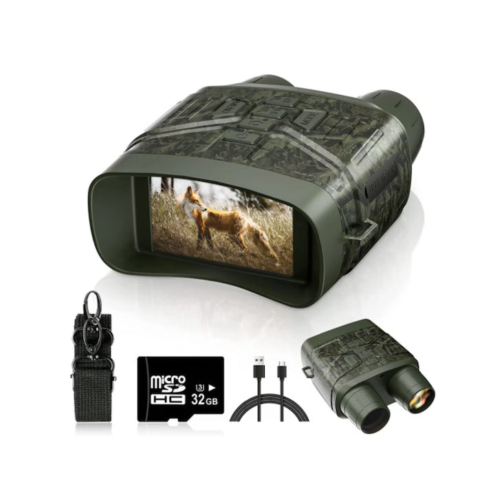 Binoclu digital cu infrarosu pentru viziune nocturna, 4K, zoom 5x, functie foto 35 mpx, display LCD 3 inch, camp vizual 300 m, autonomie pana la 12 h, ideal pentru activitati outdoor, vanatoare, pescuit nocturn, observarea faunei salbatice, camuflaj