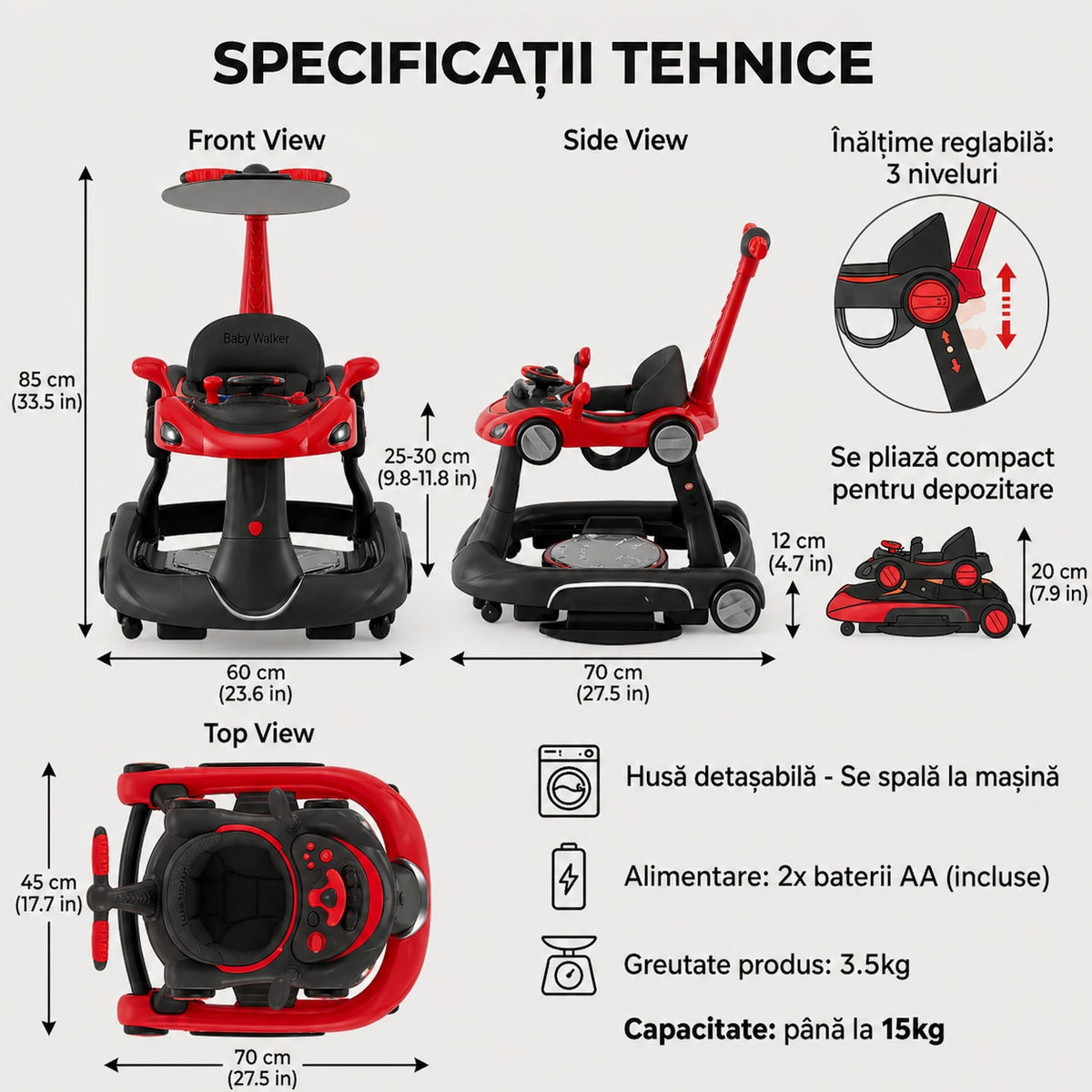 Premergator Invincio Micul Campion Driver, Lumini si 5 Melodii educationale in Limba Romana, multifunctional, antemergator, umbrar si maner control parental, reglabil pe inaltime, roti cu frana de siguranta, Rosu Negru