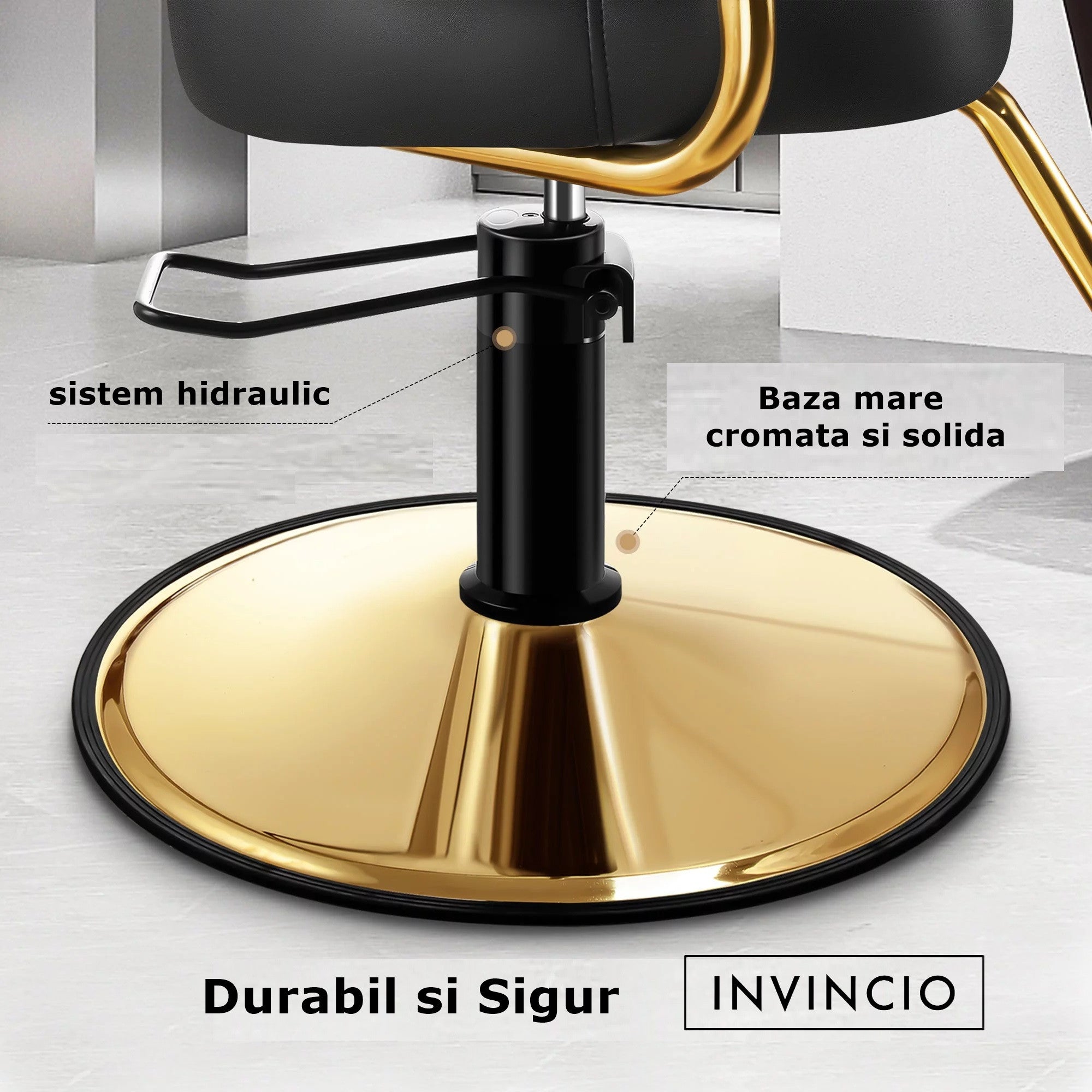 Scaun profesional frizerie/coafor Invincio Moda 2, reglabil pe inaltime, pompa hidraulica, rotire 360 grade, suport picioare, tapiterie piele ecologica, design premium cu detalii aurii, culoare negru-auriu