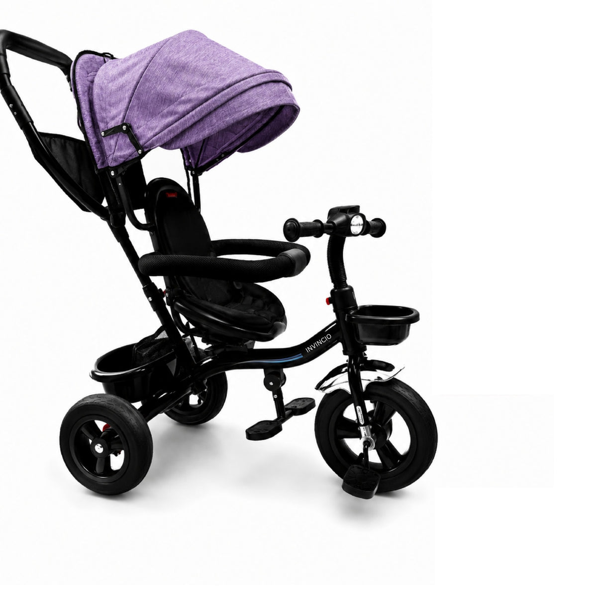 Tricicleta Copii Invincio Micul Campion Explorer, Scaun Reversibil 360°, Lumini si Muzica, Copertina anti ploaie si soare UV Extensibila si detasabila, Maner Parental, Roti EVA confort silentioase, Cos Depozitare, Bara Protectie, 2-5 Ani, Max. 35 Kg, Mov
