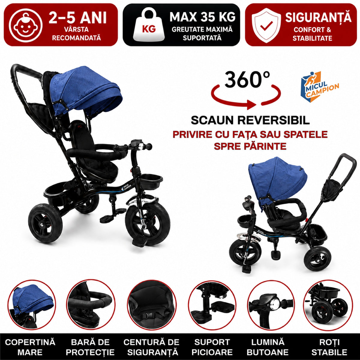 Tricicleta Copii Invincio Micul Campion Explorer, Scaun Reversibil 360°, Lumini si Muzica, Copertina anti ploaie si soare Extensibila si detasabila, Maner Parental, Roti EVA confort, Cos Depozitare, Bara Protectie, 2-5 Ani, Max. 35 Kg, Albastra