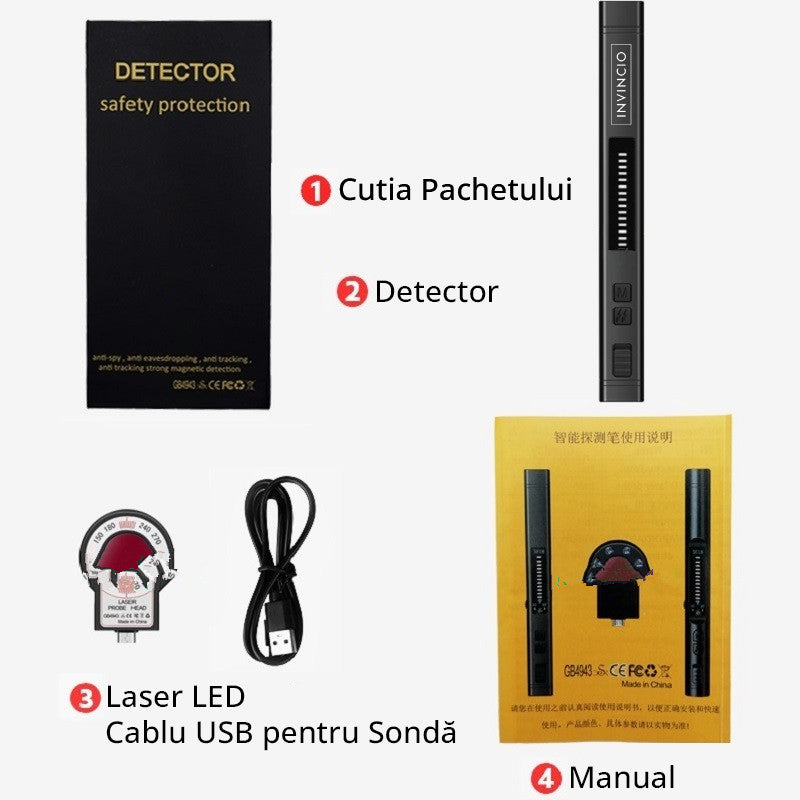 Detector camere si microfoane spion Invincio, portabil, 12 nivele detectie cu indicator LED si sonor, detecteaza localizatoare GPS/GSM si reportofoane si alte surse ascunse, frecvente 100 micro HZ-8GHZ, negru