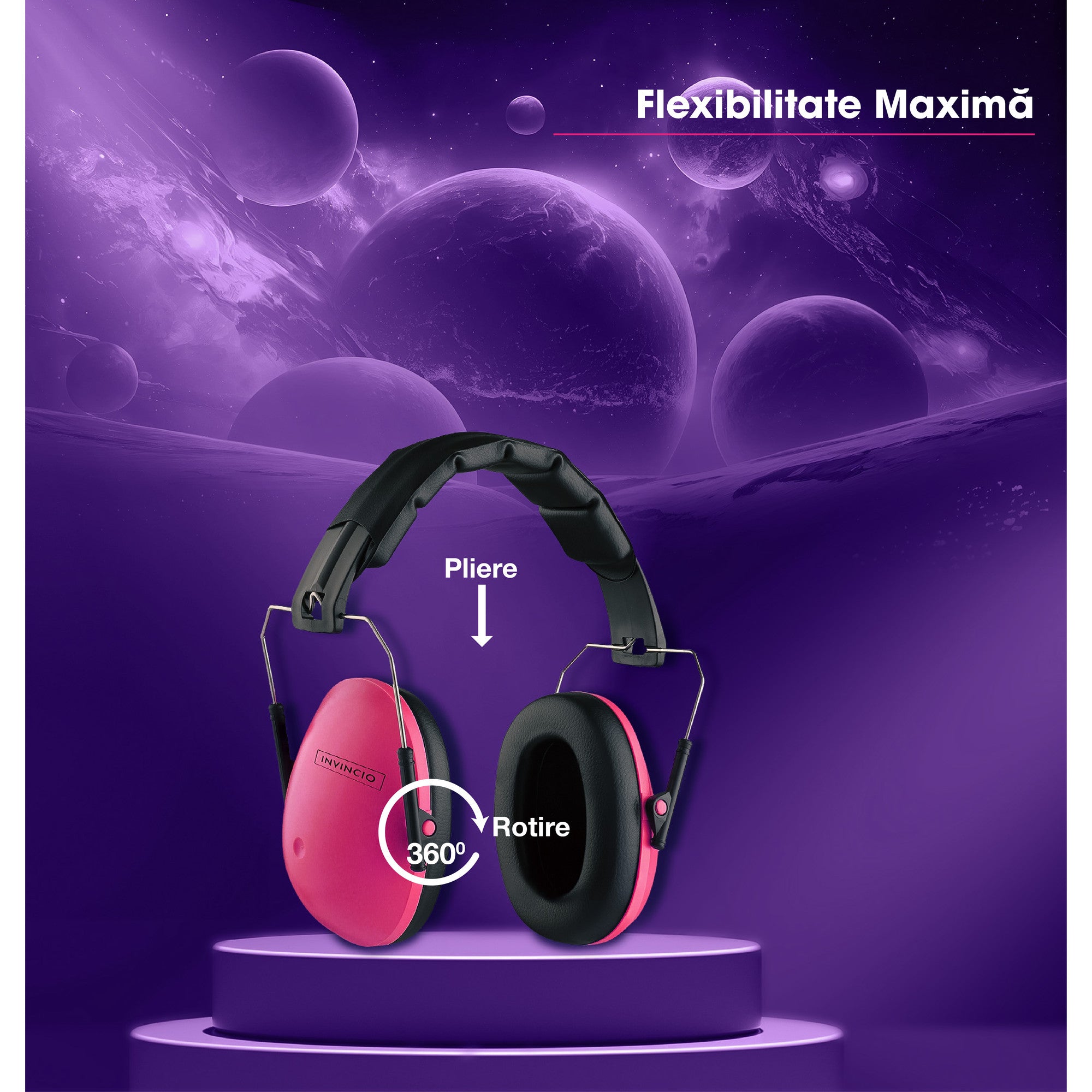 Casti antifoane copii 3-10 ani INVINCIO Safety, marime reglabil, confortabile, ergonomice, captusite, usoare, pentru protectia auzului, roz mat