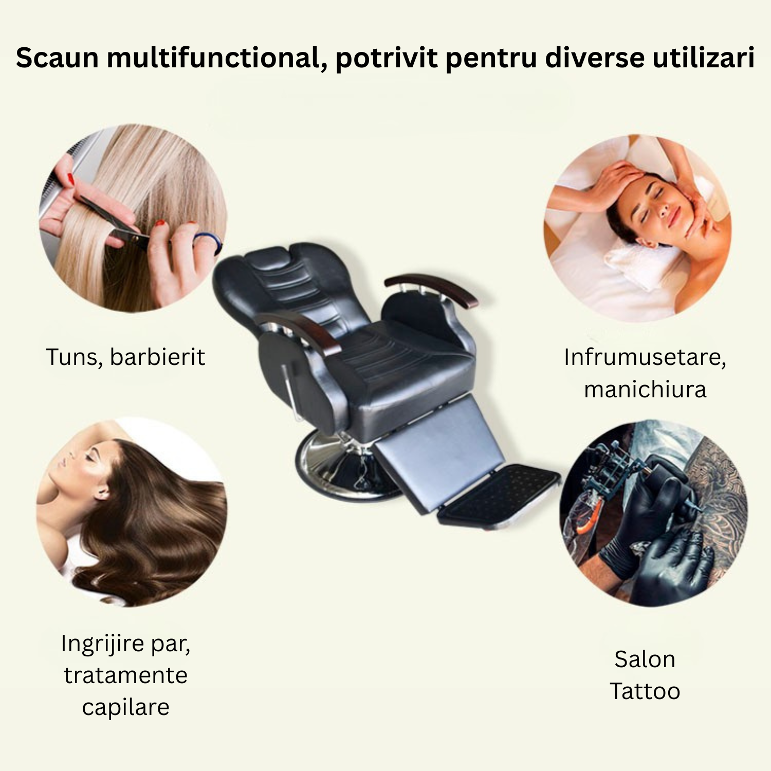 Scaun frizerie si barber shop Invincio™ Style, Rotire la 360 grade, Rabatabil 160 grade, Piston hidraulic actionat cu piciorul, Reglabil pe inaltime, Tetiera reglabila, Piele ecologica, Culoare Negru