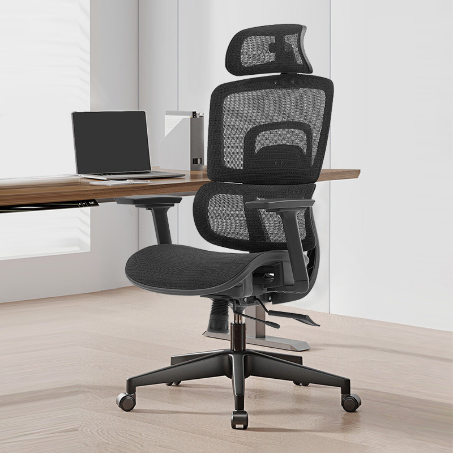 Scaun ergonomic de birou, Invincio Garry-H Full, spatar inalt din mesh, tetiera si suport lombar reglabil, cotiere reglabile pe inaltime, sezut culisant din spuma, mecanism balans cu 3 pozitii de blocare, baza nylon 340mm si roti 55mm, negru