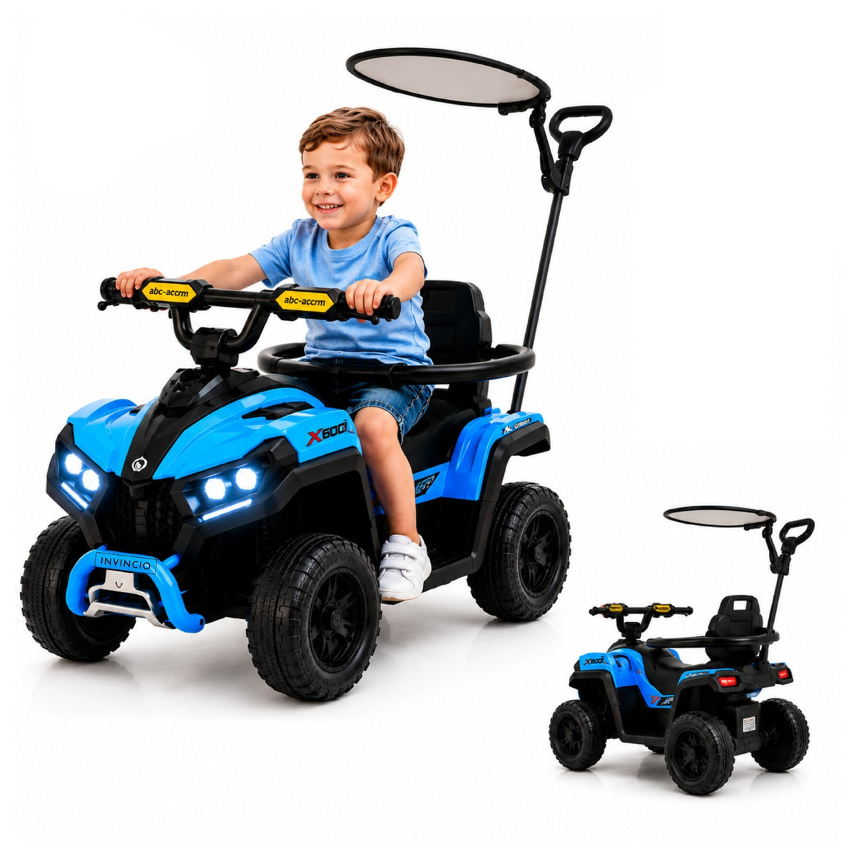 ATV de impins pentru copii Invincio Micul Campion OffRoad 2 in 1, 2-7 ani, maner parental, bara protectie si parasolar detasabile, Faruri functionale, panou muzical USB, suport picioare, max. 30 kg, Albastru