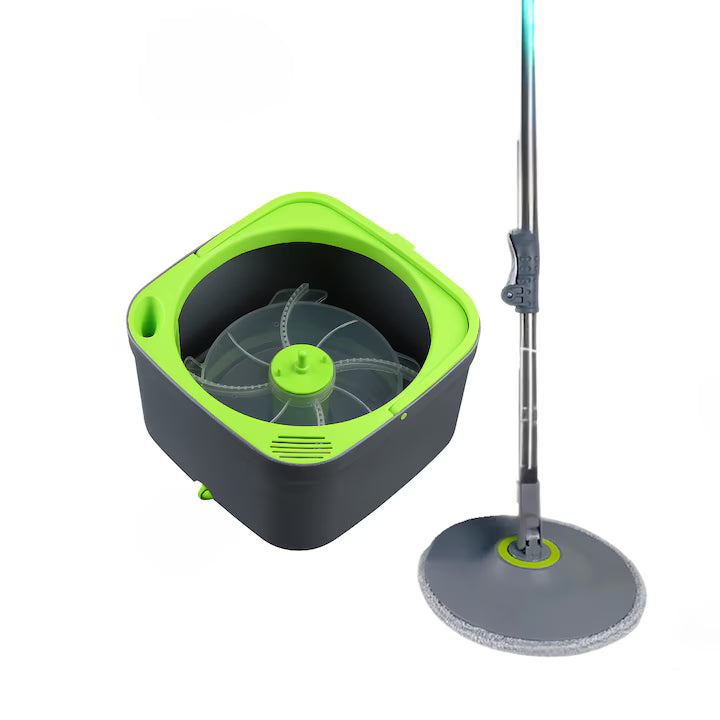 Set Mop cu Galeata Bezubi Compact, Galeata cu centrifuga si Mop Rotund Rotativ 360°, Sistem stoarcere fara Atingere si Aplecare, Absorbtie Ridicata, Maner Telescopic Versatil, Rezerva din Microfibra Inclusa, negru-verde