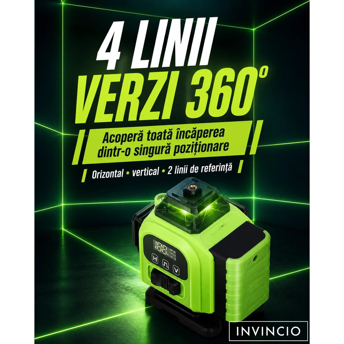 Nivela cu laser verde INVINCIO 4D cu telecomanda, 16 linii orizontal, vertical, perimetral, trepied si prindere magnetica, cumpana uz interior si exterior, auto-nivelare +/-3grade, rotire 360 grade, 2 acumulatori de schimb