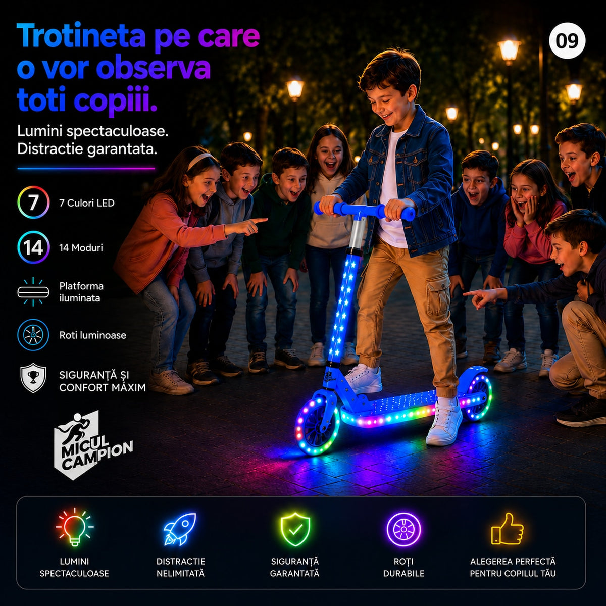 Trotineta copii LED Invincio Micul Campion Pilot, 2-10 ani, pliabila, 2 roti, 7 culori LED, 14 moduri iluminare, platforma anti-derapanta, roti luminoase, ghidon reglabil 3 nivele 76-87 cm, frana spate, cadru rezistent si usor suporta 30kg, Albastra