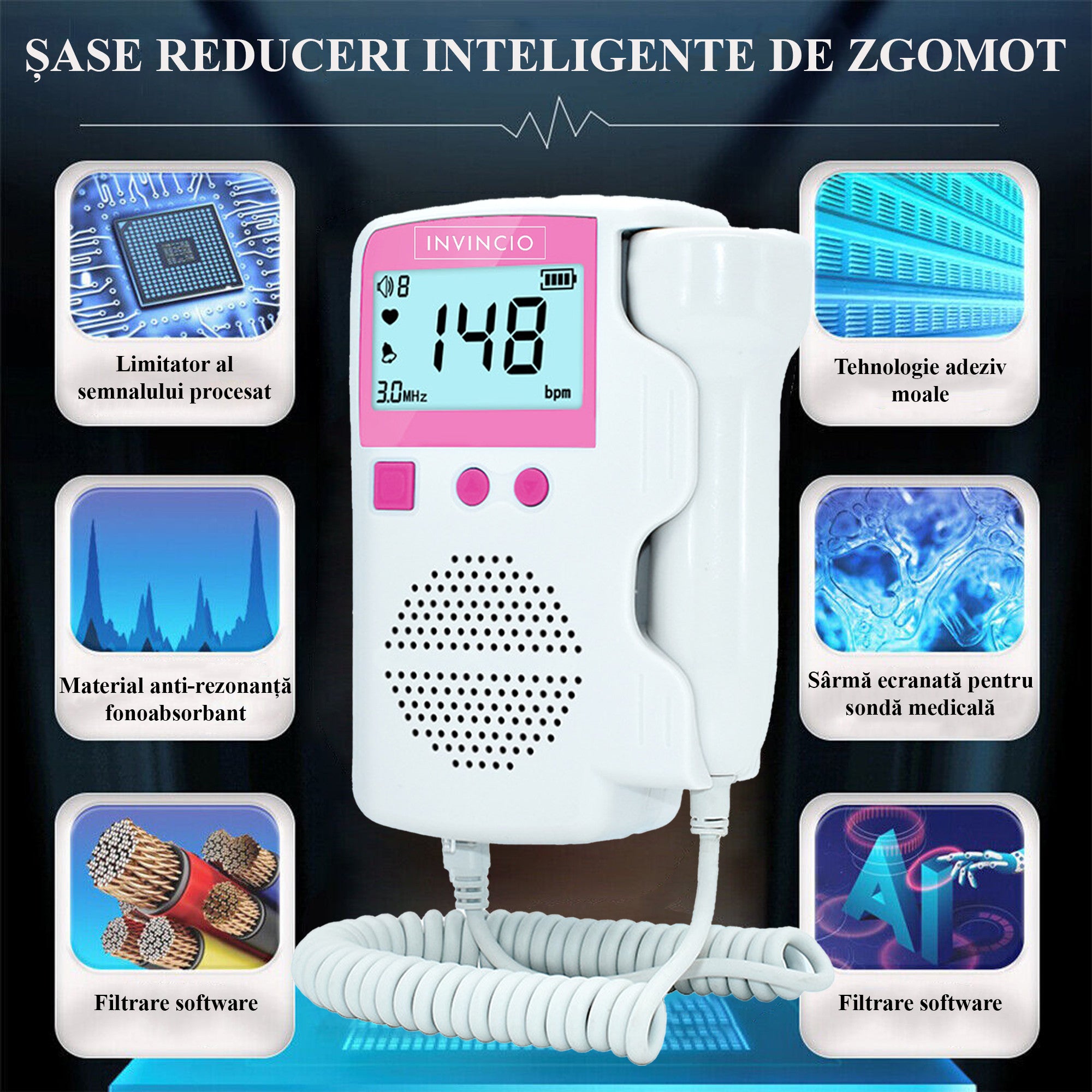 Monitor fetal Doppler, Invincio, pentru monitorizare functii vitale fat intrauterin, gel ultrasunete inclus, Zero radiatii, detectarea batailor inimii/pulsului fatului, pentru gravide, portabil, alb/roz