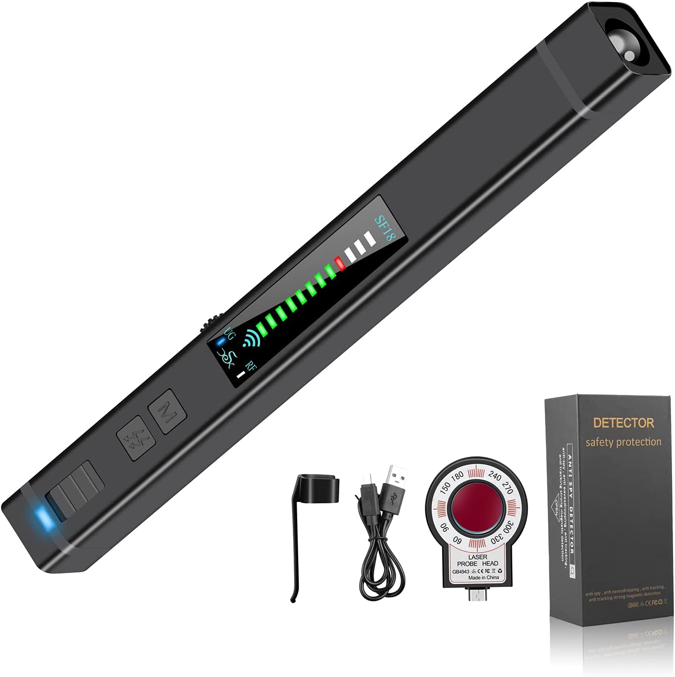 Detector camere si microfoane spion Invincio, portabil, 12 nivele detectie cu indicator LED si sonor, detecteaza localizatoare GPS/GSM si reportofoane si alte surse ascunse, frecvente 100 micro HZ-8GHZ, negru