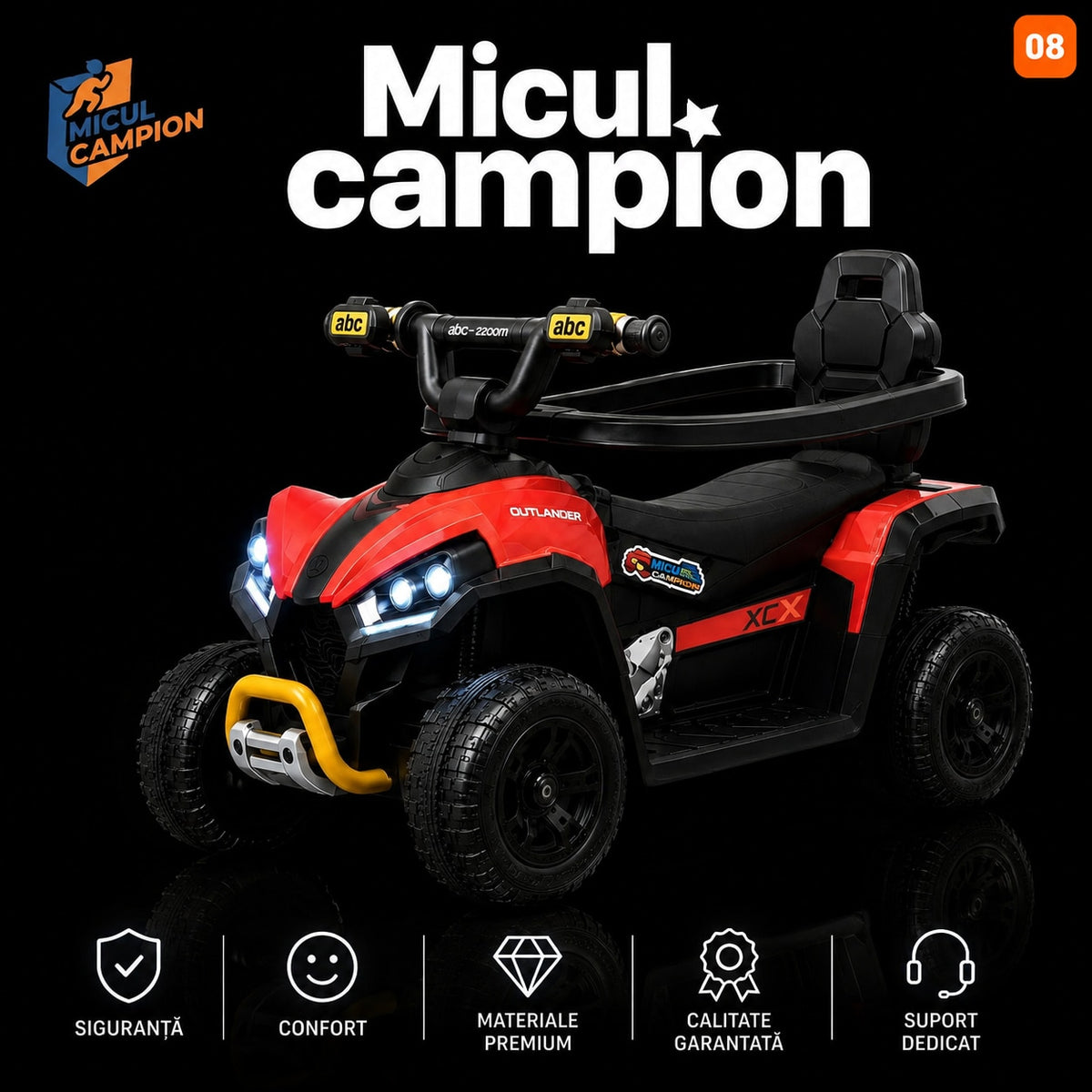 ATV de impins pentru copii Invincio Micul Campion OffRoad 2 in 1, 2-7 ani, maner parental, bara protectie si parasolar detasabile, Faruri functionale, panou muzical USB, suport picioare, max. 30 kg, Rosu