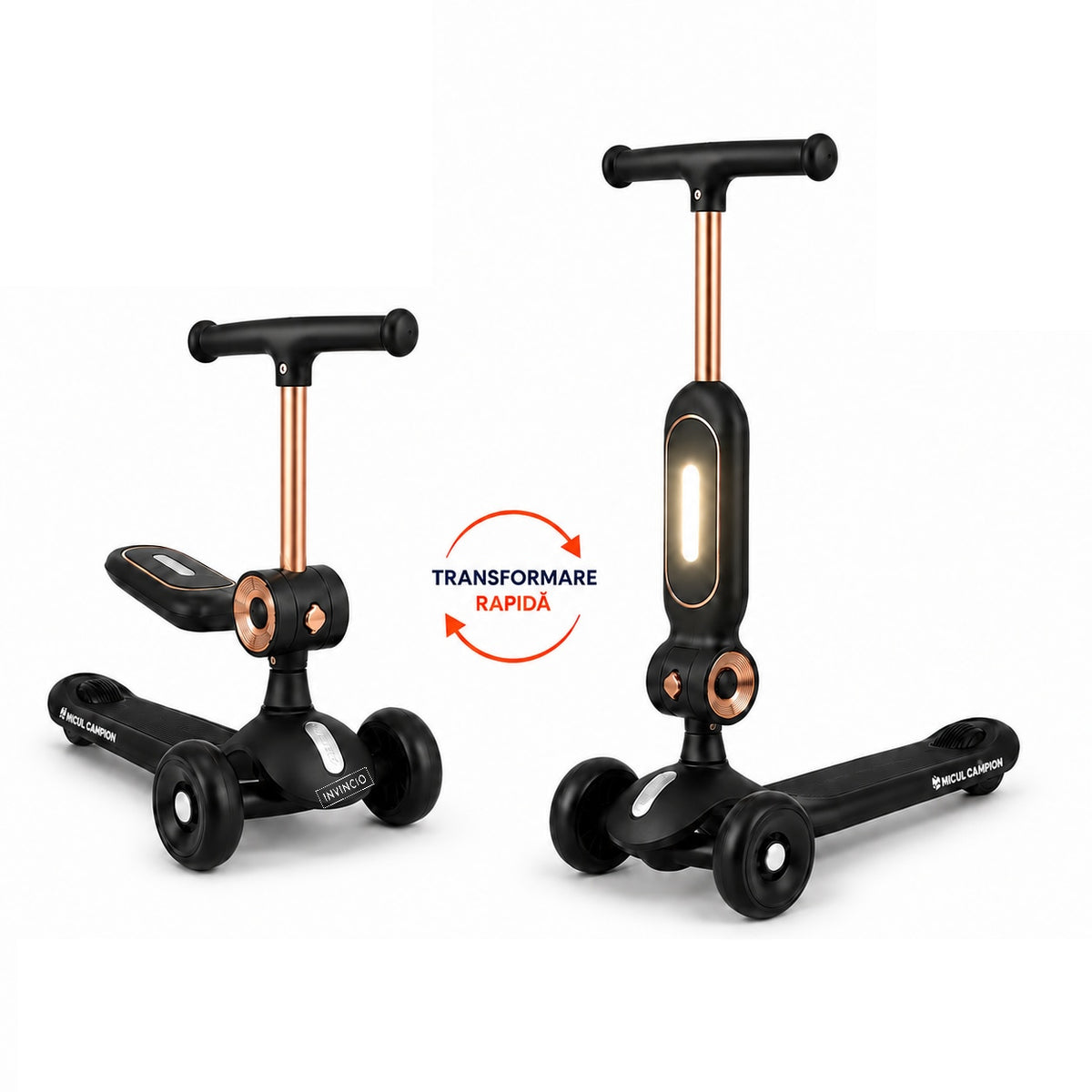 Trotineta copii 2 in 1 cu scaun INVINCIO Play Micul Campion, Bicicleta de echilibru, 3 roti EVA pline si silentioase, Lumina LED frontala Siguranta Sporita, Ghidon reglabil, Pliabila usor de depozitat si transportat, 2-5 ani, max. 30 kg, Negru