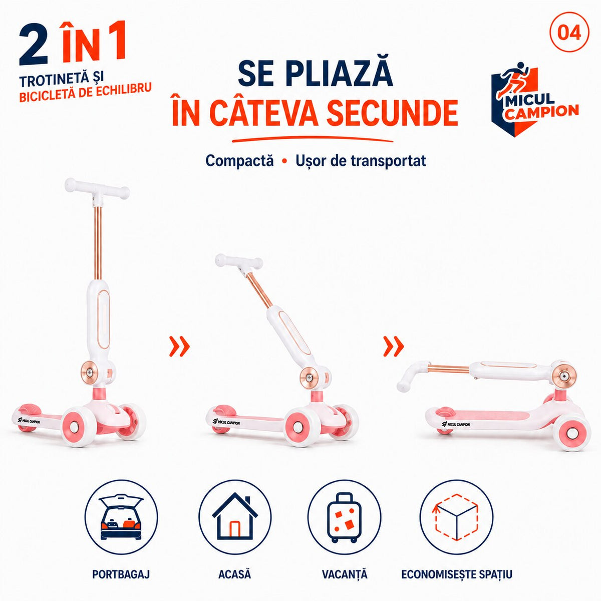 Trotineta Fete 2 in 1 INVINCIO Play – Bicicleta de Echilibru cu Scaun rabatabil, 3 Roti EVA pline silentioase, LED Frontal pentru siguranta sporita, Pliabila usor de depozitat si transportat, Ghidon Reglabil, Frana Spate, 2-5 ani, Max. 30 kg, Alb/Roz