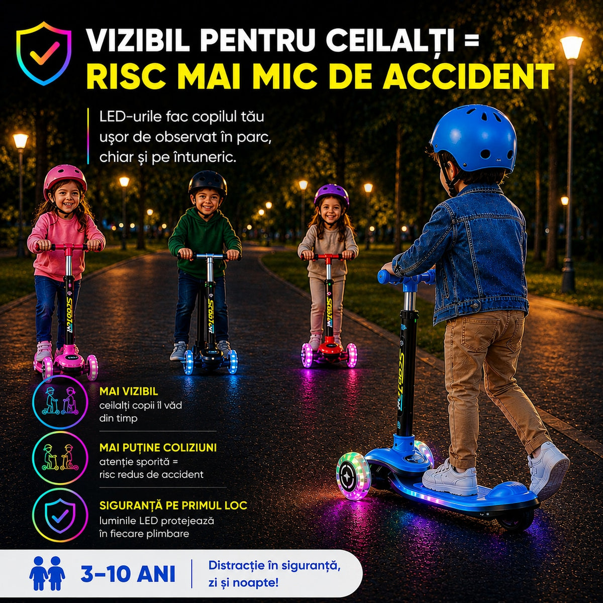 Trotineta cu 3 Roti pentru Copii Invincio® Happy, Lumini LED Interactive pe Platforma, Roti si Tija, Ghidon pliabil si Reglabil pe inaltime, Mecanism Inclinare naturala, 3-10 Ani, Roz Pastel