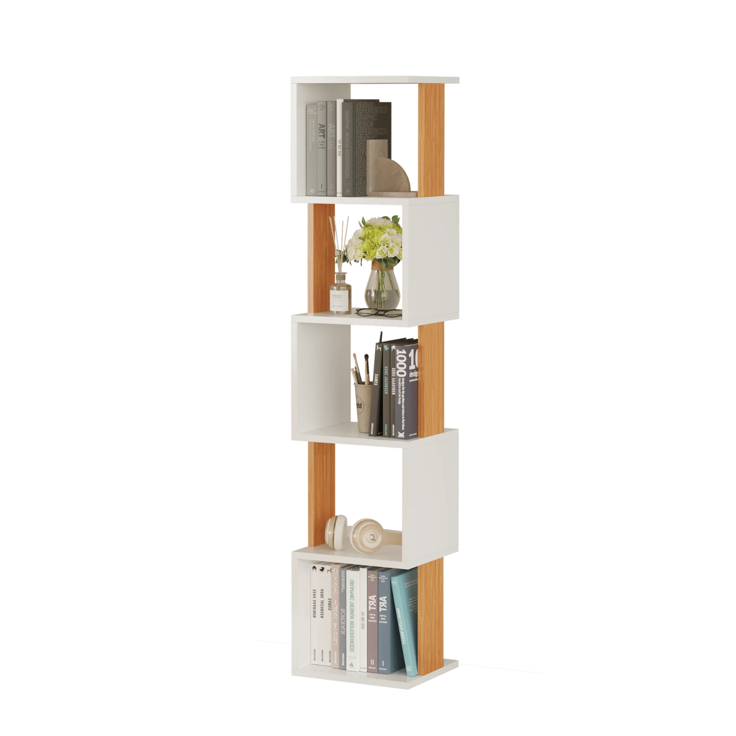 Biblioteca Bezubi Milano, verticala moderna cu 5 rafturi tip cub, dimensiuni 160 x 30 x 35 cm, structura robusta, stil minimalist pentru living sau birou, alb