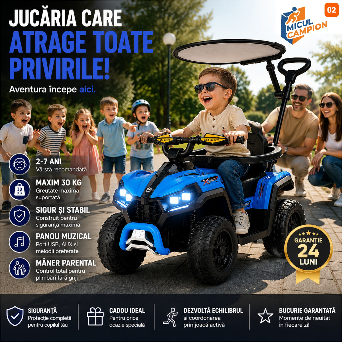 ATV de impins pentru copii Invincio Micul Campion OffRoad 2 in 1, 2-7 ani, maner parental, bara protectie si parasolar detasabile, Faruri functionale, panou muzical USB, suport picioare, max. 30 kg, Albastru