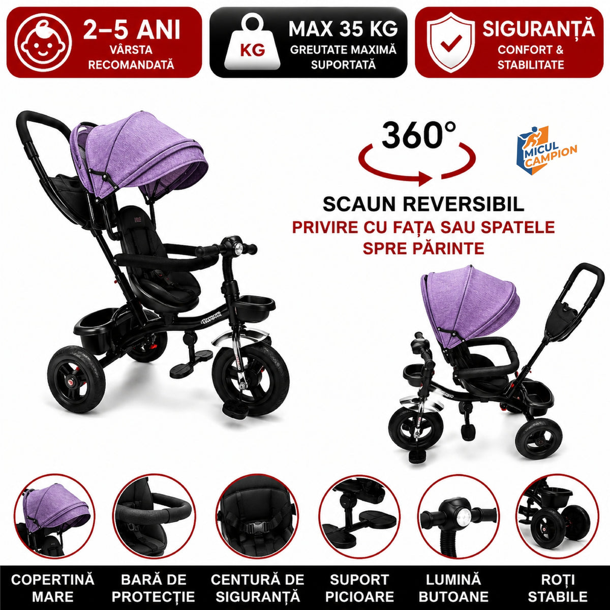 Tricicleta Copii Invincio Micul Campion Explorer, Scaun Reversibil 360°, Lumini si Muzica, Copertina anti ploaie si soare UV Extensibila si detasabila, Maner Parental, Roti EVA confort silentioase, Cos Depozitare, Bara Protectie, 2-5 Ani, Max. 35 Kg, Mov