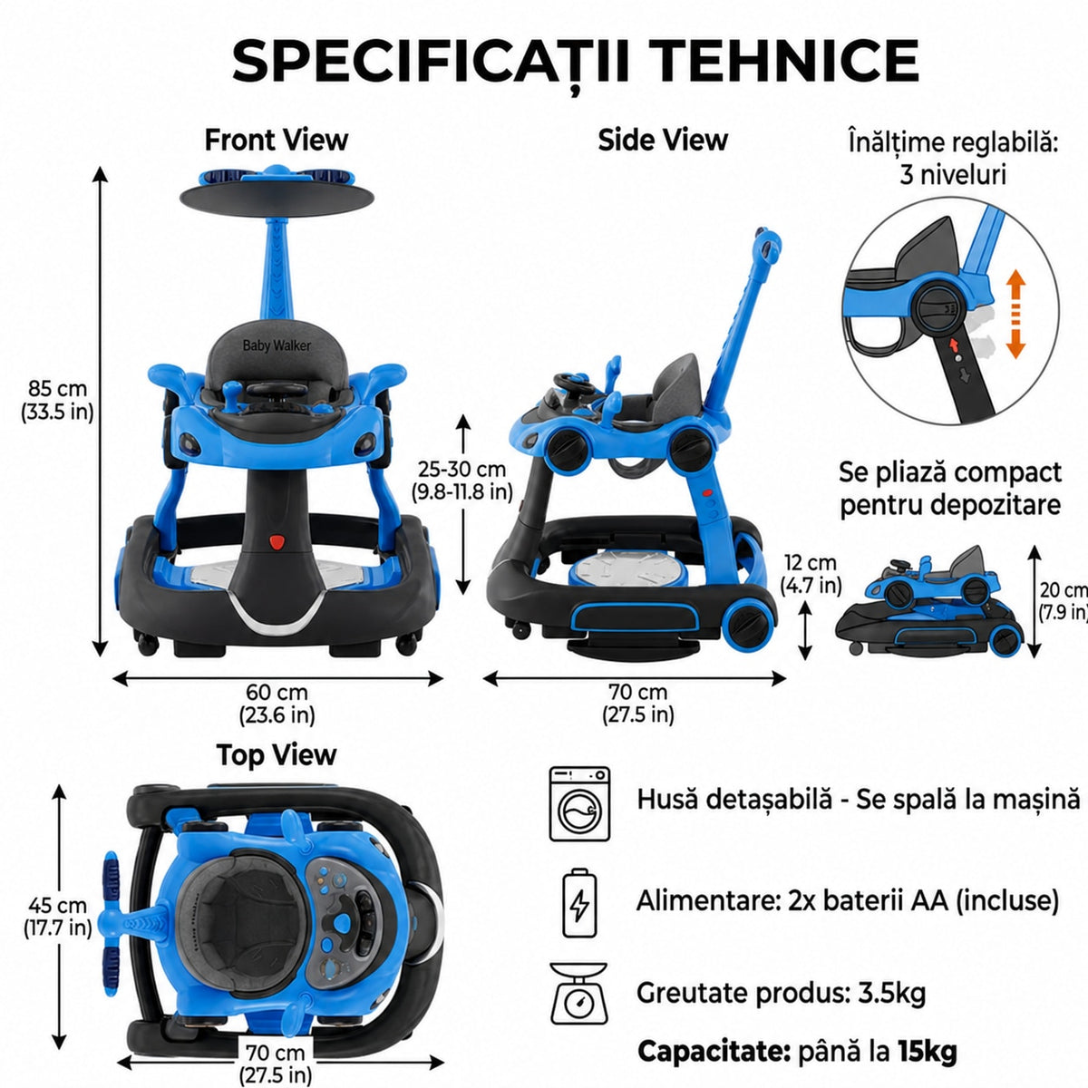 Premergator Invincio Micul Campion Driver, Lumini si 5 Melodii educationale in Limba Romana, multifunctional, antemergator, umbrar si maner control parental, reglabil pe inaltime, roti cu frana de siguranta, albastru negru