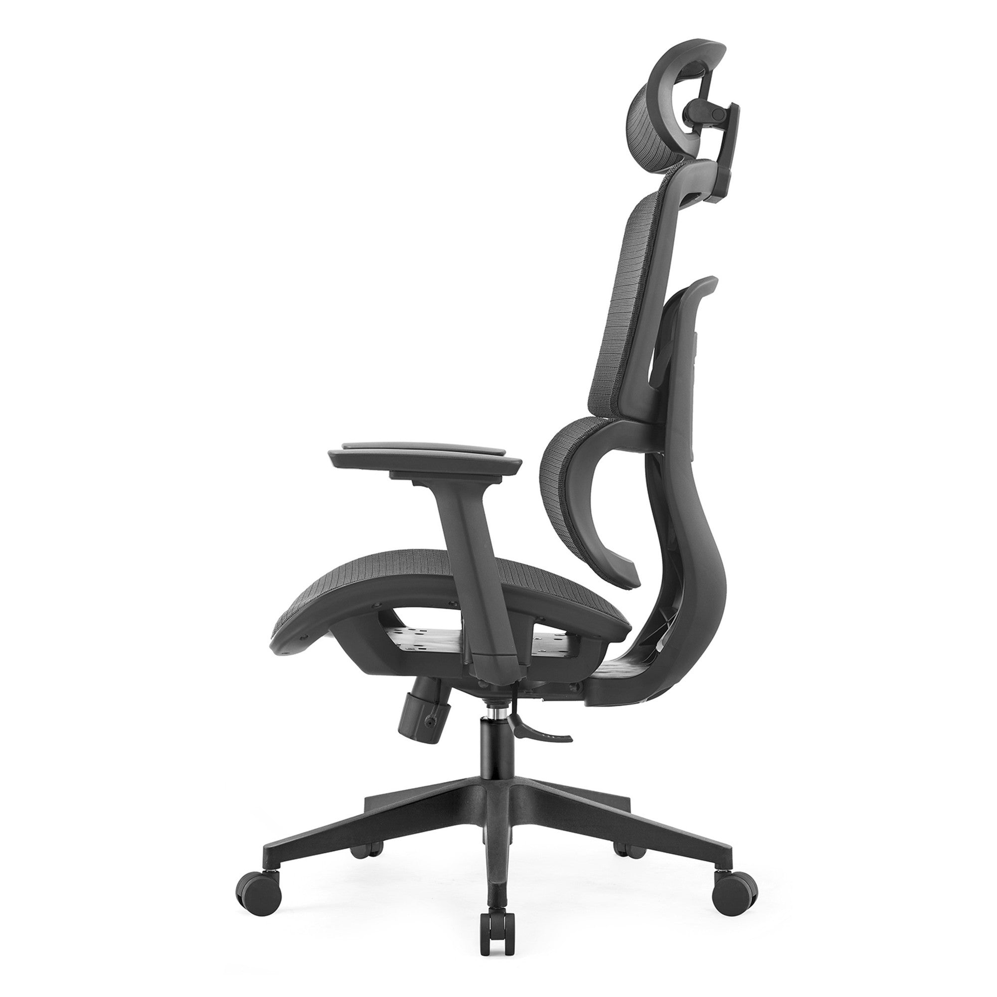 Scaun ergonomic de birou, Invincio Garry-H Full, spatar inalt din mesh, tetiera si suport lombar reglabil, cotiere reglabile pe inaltime, sezut culisant din spuma, mecanism balans cu 3 pozitii de blocare, baza nylon 340mm si roti 55mm, negru