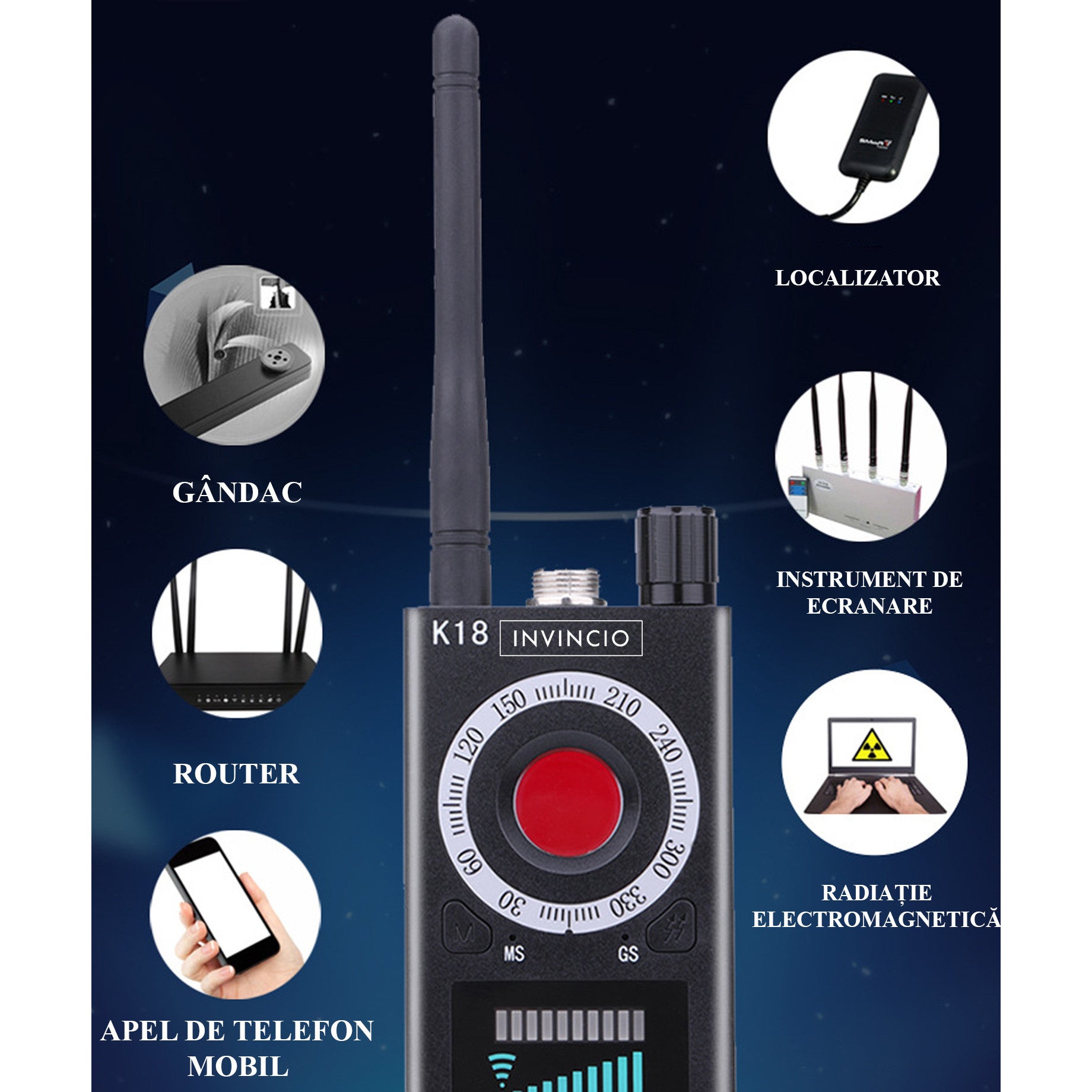 Detector profesional anti spionaj, Invincio K18, detecteaza Camere, Microfoane, Localizatoare GPS sau GSM, semnale wi-fi si dispozitive cu frecvente 1-8000MHZ, lungime 10.5 cm, negru