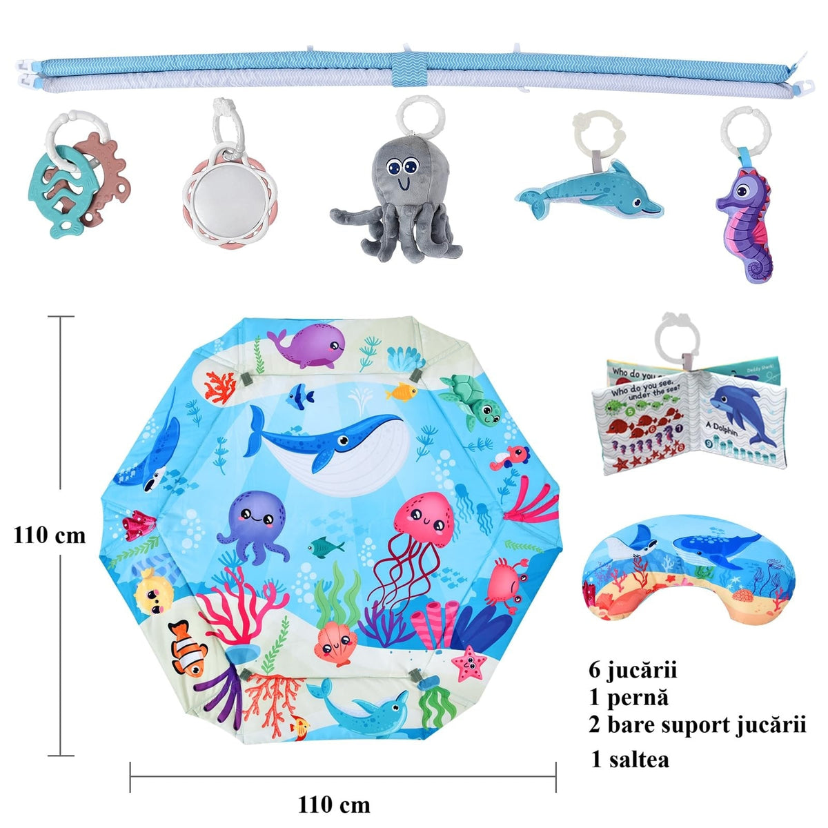 Centru de Activitati, Saltea si Tarc de Joaca, 3 in 1, INVINCIO PlaySafe, cu Perna, 20 de Bile Colorate, 7 Jucarii, Arcade suport zornaitori, Covor Gros si Moale, Lavabil, Culori multiple