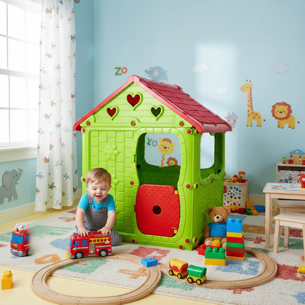 Casuta de joaca pentru copii Bezubi Kids FUN, colturi rotunjite, sigur si rezistent, interior/exterior, demontabila, cu usa si ferestre, design ergonomic, 2 locuri, varsta 1+ ani, dimensiuni 98x92x116 cm, verde