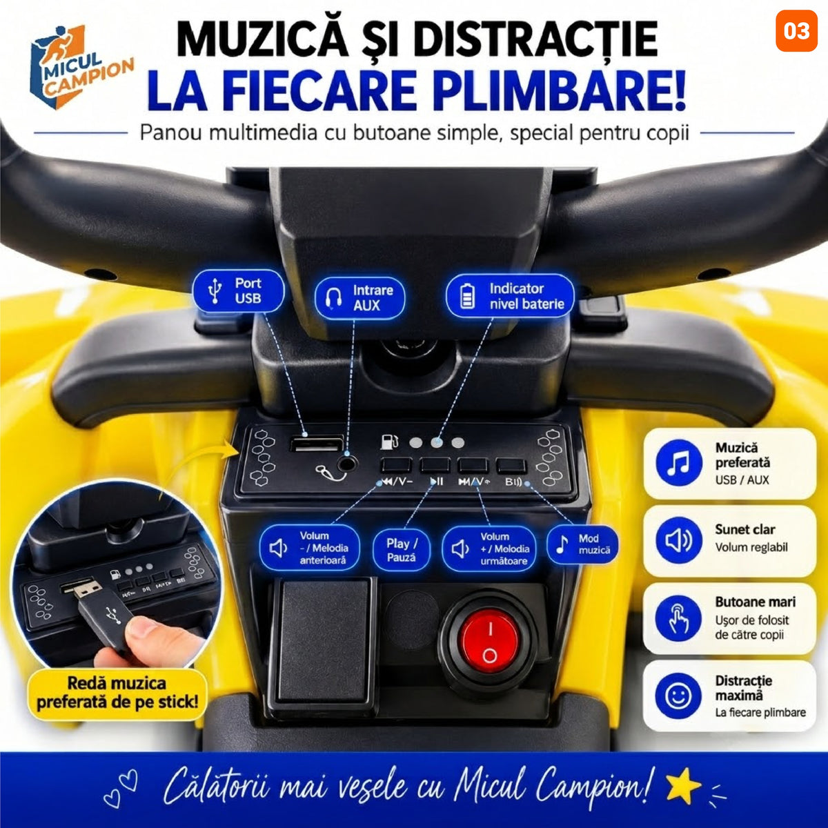ATV de impins pentru copii Invincio Micul Campion OffRoad 2 in 1, 2-7 ani, maner parental, bara protectie si parasolar detasabile, Faruri functionale, panou muzical USB, suport picioare, max. 30 kg, Alb