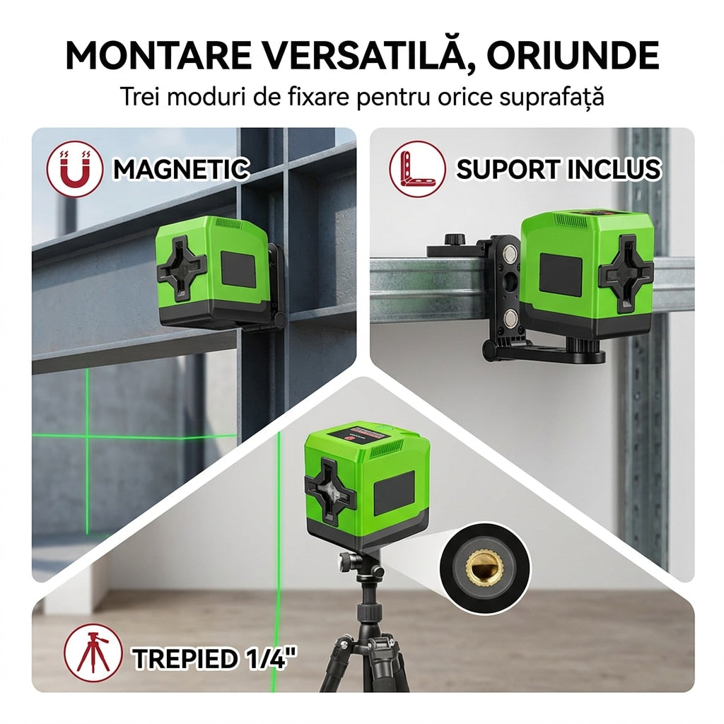 Nivela laser verde Invincio Practic Pro, fascicol Laser Verde Vizibil in cruce pentru vertical si orizontal, auto-nivelare ±4º grade, raza 30 m, intensitati luminare, functie blocare pentru linii diagonale, precizie ±1 mm, verde