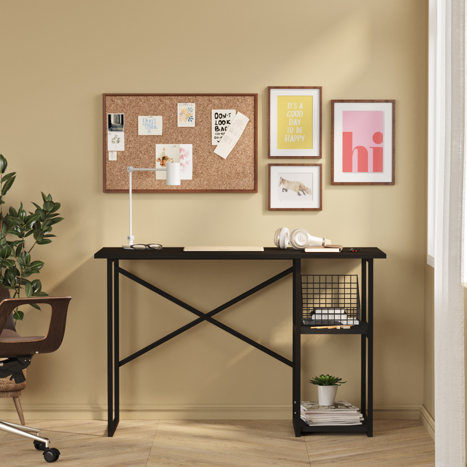 Birou de Calculator Bezubi Vienna, Design Modern, 2 Rafturi Laterale pentru Depozitare, Blat cu Finisaj Stejar, Cadru Metalic Negru, Compact si Robust, Dimensiuni 120x60x76 cm, Usor de Asamblat, negru