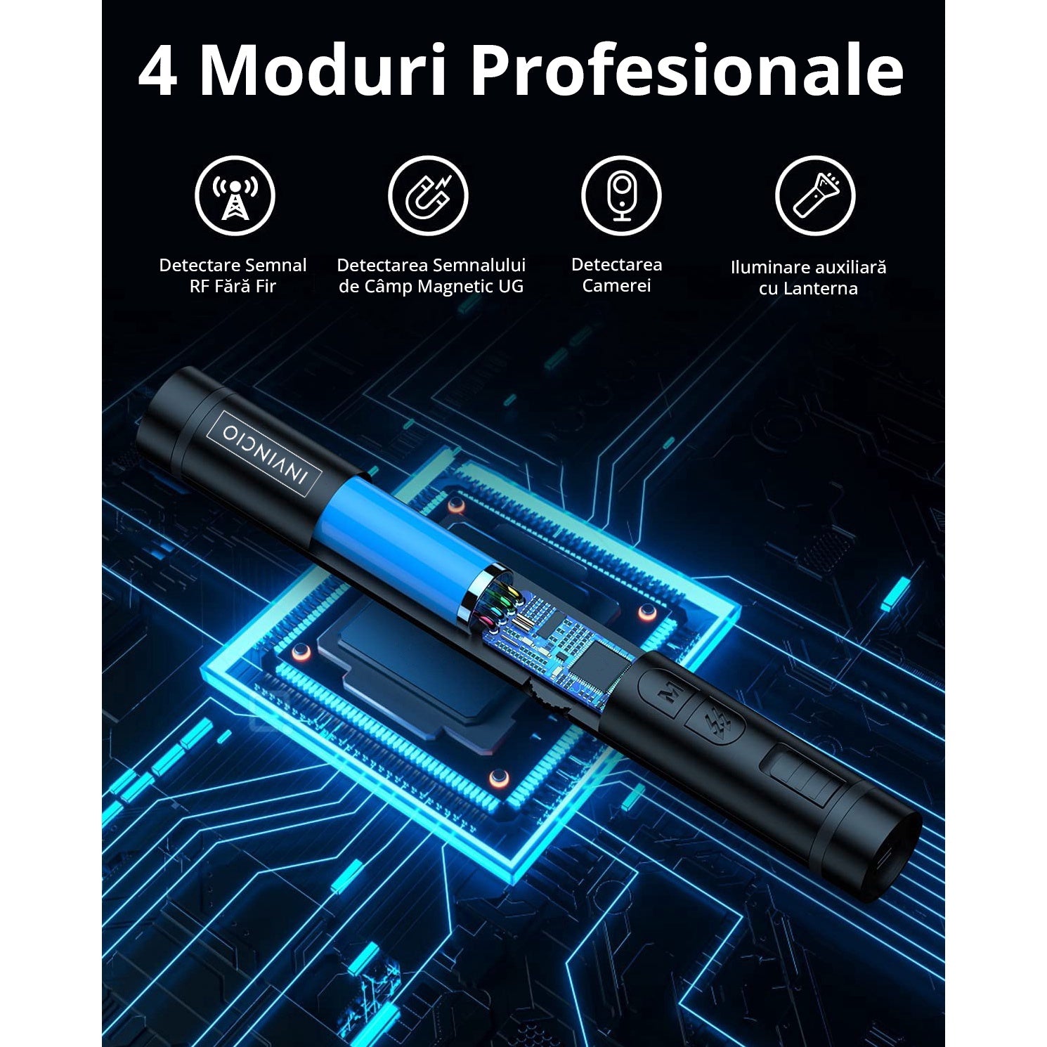 Detector camere si microfoane spion, Invincio, portabil, 12 nivele detectie cu indicator LED si sonor, detecteaza localizatoare GPS/GSM si reportofoane si alte surse ascunse, frecvente 100 micro HZ-8GHZ, lungime 13 cm, negru mat