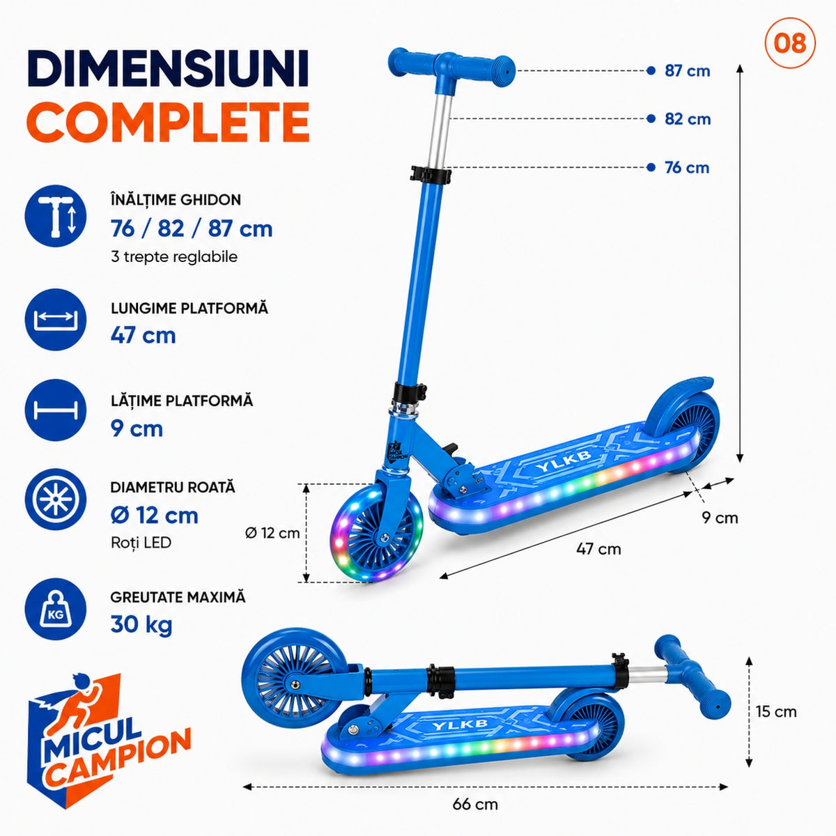 Trotineta copii LED Invincio Micul Campion Pilot, 2-10 ani, pliabila, 2 roti, 7 culori LED, 14 moduri iluminare, platforma anti-derapanta, roti luminoase, ghidon reglabil 3 nivele 76-87 cm, frana spate, cadru rezistent si usor suporta 30kg, Albastra