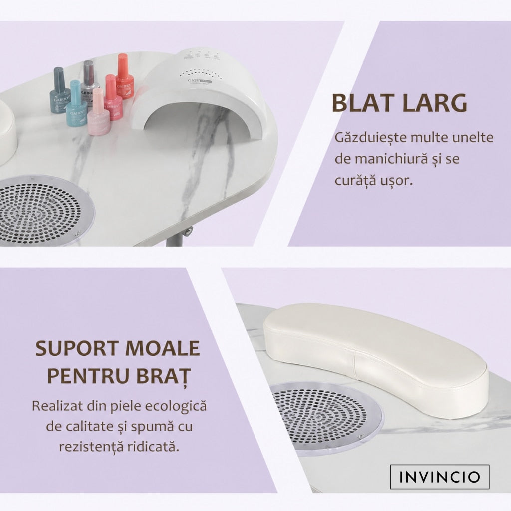 Masa pliabila pentru manichiura INVINCIO Practic Style, aspirator praf de unghii de mare putere vortex, perna incheieturi inclusa, roti deplasare, blat spatios usor de curatat, portabila si pliabila, alba