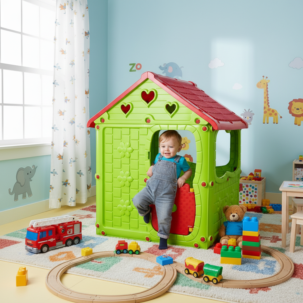 Casuta de joaca pentru copii Bezubi Kids FUN, colturi rotunjite, sigur si rezistent, interior/exterior, demontabila, cu usa si ferestre, design ergonomic, 2 locuri, varsta 1+ ani, dimensiuni 98x92x116 cm, verde