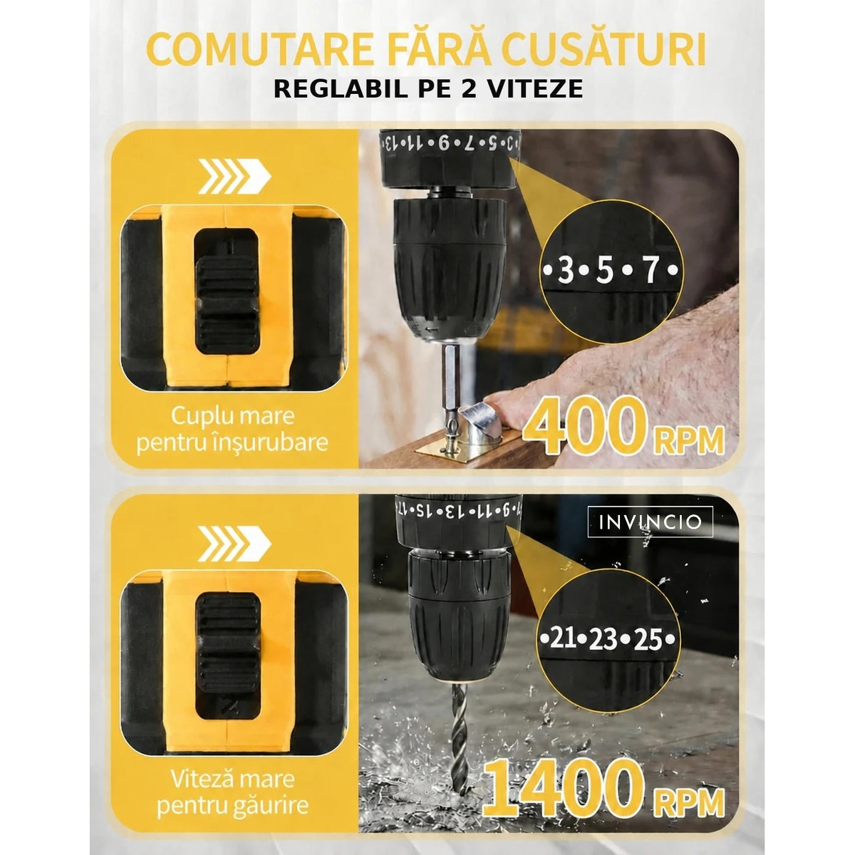 Bormasina cu acumulator INVINCIO Profesional, masina de gaurit cu percutie, 2 baterii 2000mAh Li-Ion, 2 trepte 400/2000 RPM, accesorii, 35 Nm, autofiletanta, masina de insurubat, mandrina rapida 0.8–10 mm, surubelnita electrica, cutie BMC