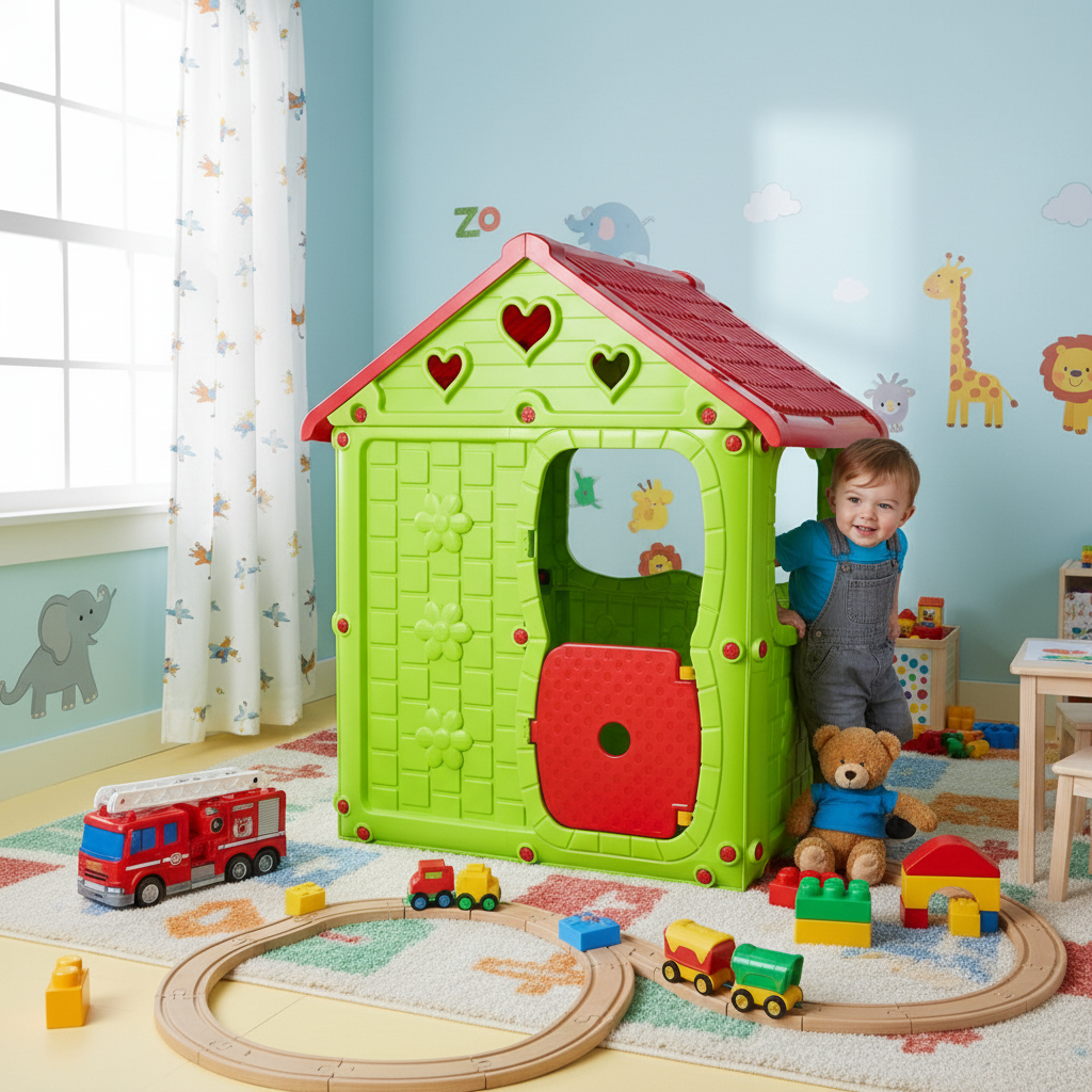 Casuta de joaca pentru copii Bezubi Kids FUN, colturi rotunjite, sigur si rezistent, interior/exterior, demontabila, cu usa si ferestre, design ergonomic, 2 locuri, varsta 1+ ani, dimensiuni 98x92x116 cm, verde