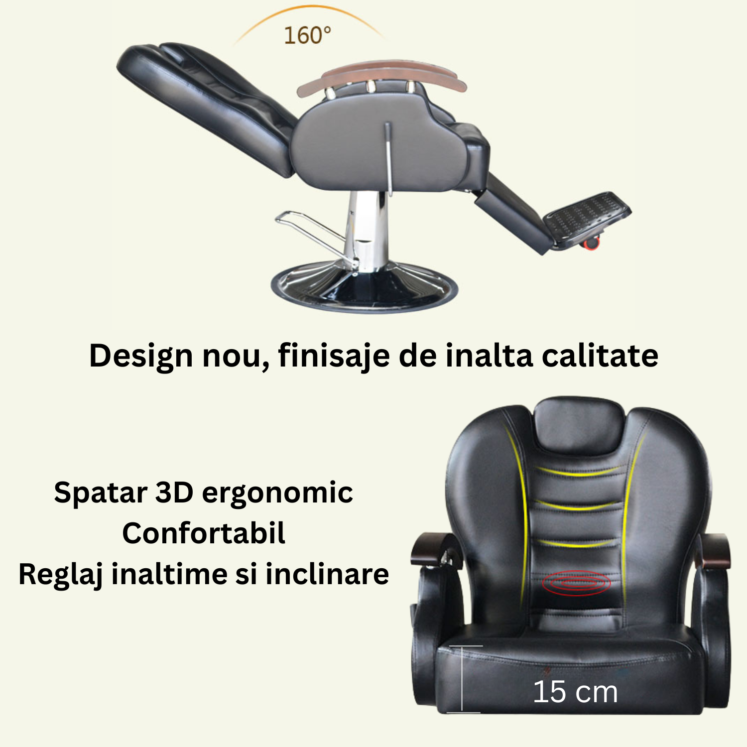 Scaun frizerie si barber shop Invincio™ Style, Rotire la 360 grade, Rabatabil 160 grade, Piston hidraulic actionat cu piciorul, Reglabil pe inaltime, Tetiera reglabila, Piele ecologica, Culoare Negru