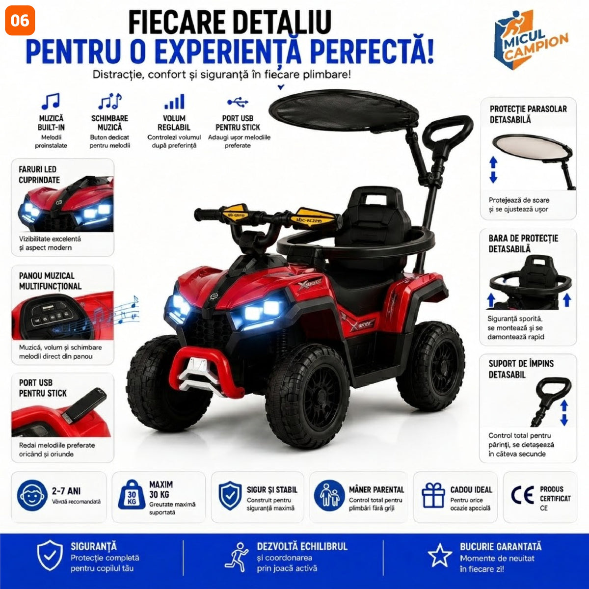 ATV de impins pentru copii Invincio Micul Campion OffRoad 2 in 1, 2-7 ani, maner parental, bara protectie si parasolar detasabile, Faruri functionale, panou muzical USB, suport picioare, max. 30 kg, Rosu
