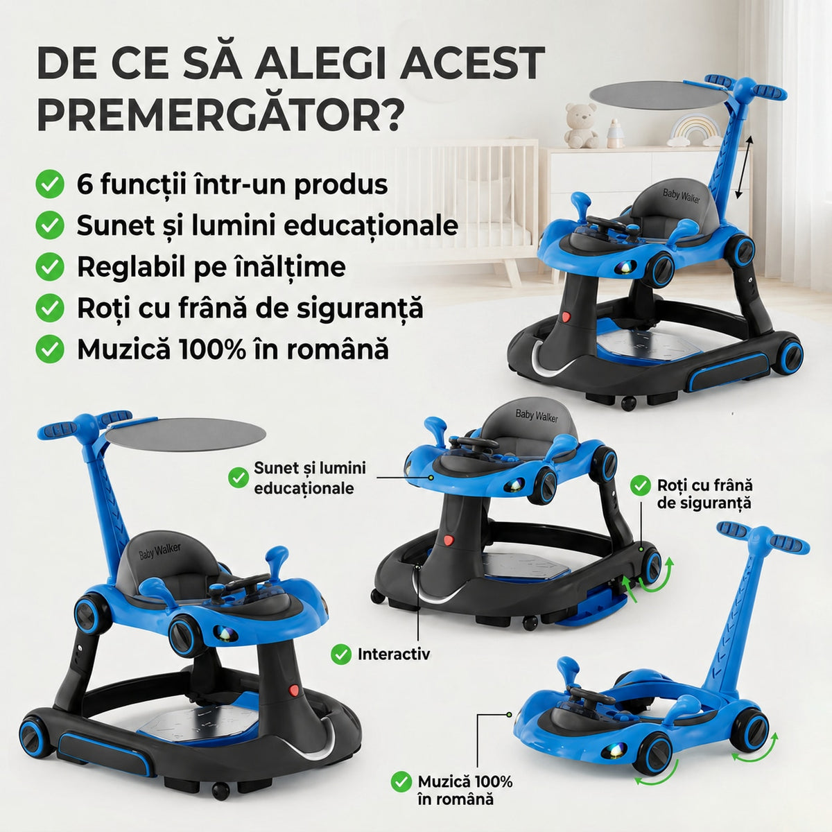 Premergator Invincio Micul Campion Driver, Lumini si 5 Melodii educationale in Limba Romana, multifunctional, antemergator, umbrar si maner control parental, reglabil pe inaltime, roti cu frana de siguranta, albastru negru