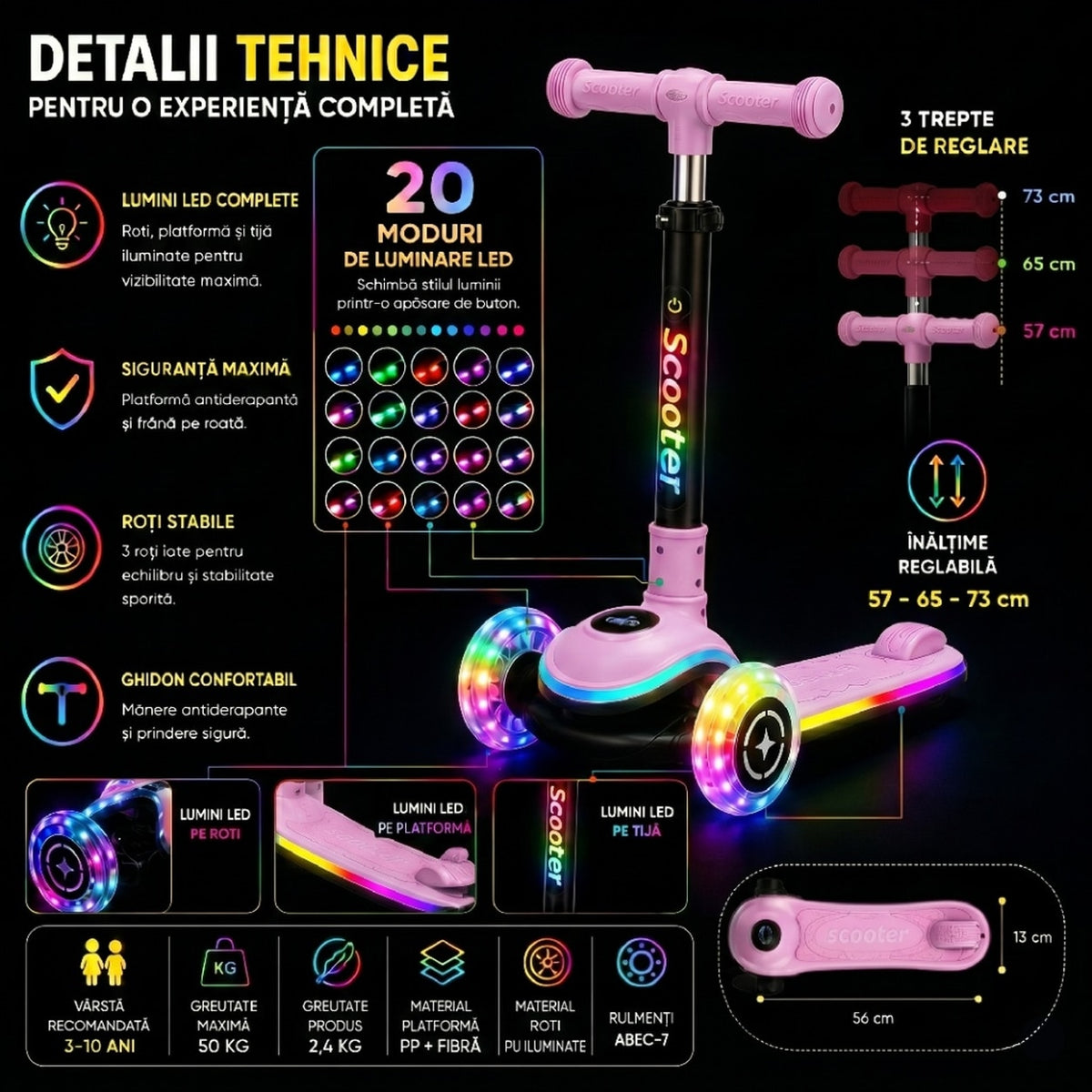 Trotineta cu 3 Roti pentru Copii Invincio® Happy, Lumini LED Interactive pe Platforma, Roti si Tija, Ghidon pliabil si Reglabil pe inaltime, Mecanism Inclinare naturala, 3-10 Ani, Roz Pastel