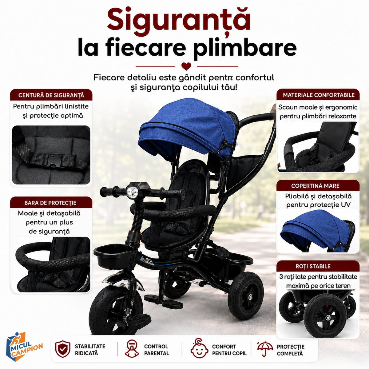 Tricicleta Copii Invincio Micul Campion Explorer, Scaun Reversibil 360°, Lumini si Muzica, Copertina anti ploaie si soare Extensibila si detasabila, Maner Parental, Roti EVA confort, Cos Depozitare, Bara Protectie, 2-5 Ani, Max. 35 Kg, Albastra