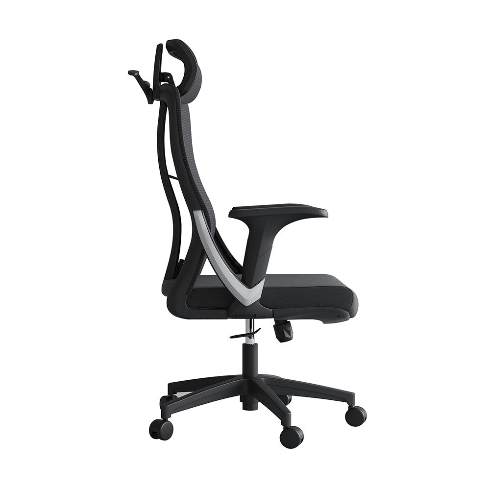 Scaun ergonomic de birou, Invincio, Nicolle-H, Spatar Mesh, Ajustare pe Inaltime, Tetiera Reglabila, Suport Lombar, Sezut Buretat, Cotiere in V Fixe, Baza PP 330mm, Roti 60mm, Negru